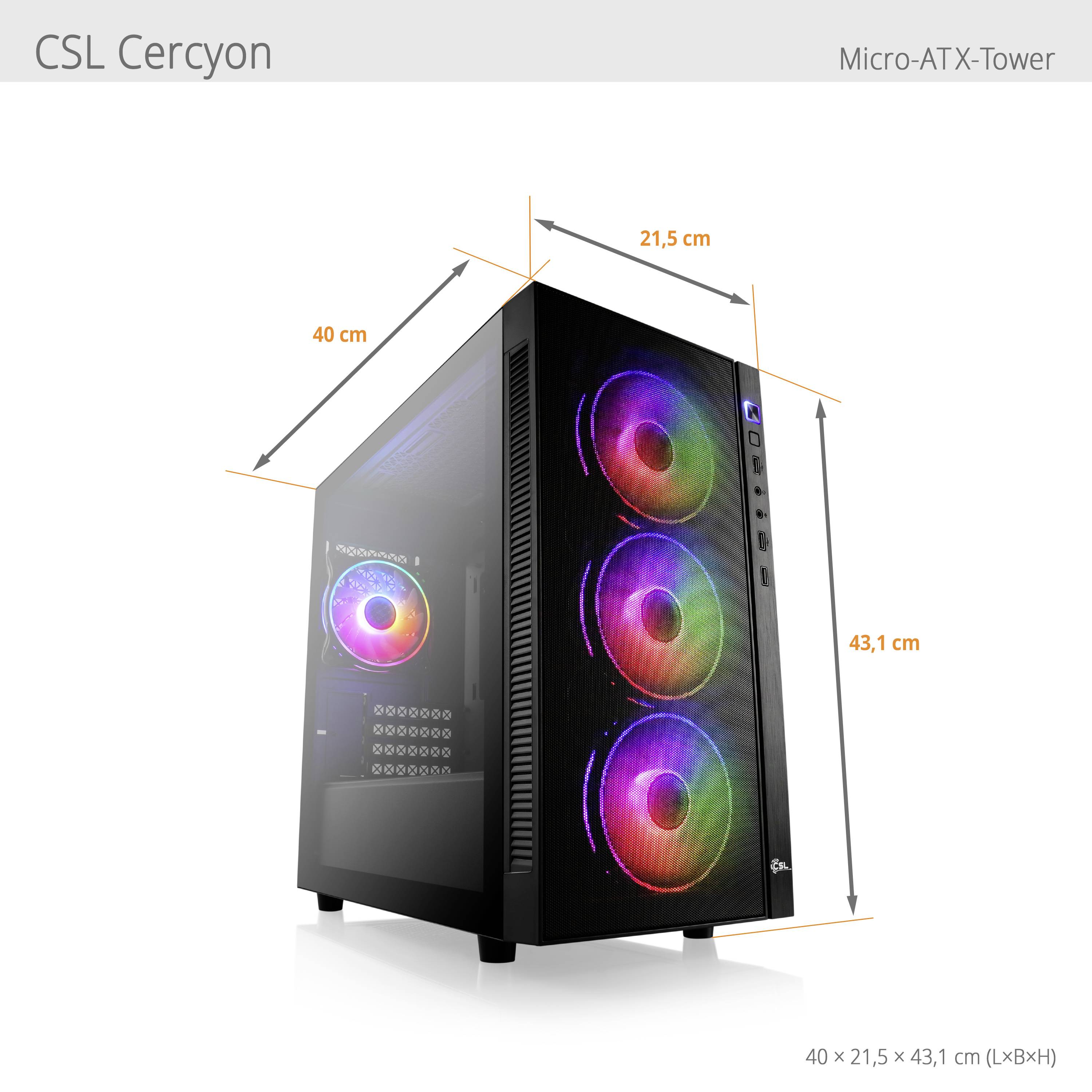 Ein Computergehäuse mit drei sichtbaren Lüftern auf der Vorderseite und RGB-Beleuchtung. Die Maße sind 40 x 21,5 x 43,1 cm.