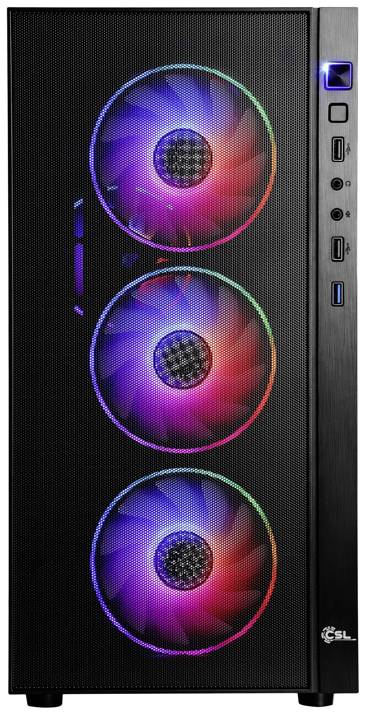 Schwarzer Computergehäuse mit drei leuchtenden RGB-Lüftern an der Vorderseite und mehreren Anschlüssen an der rechten Seite.