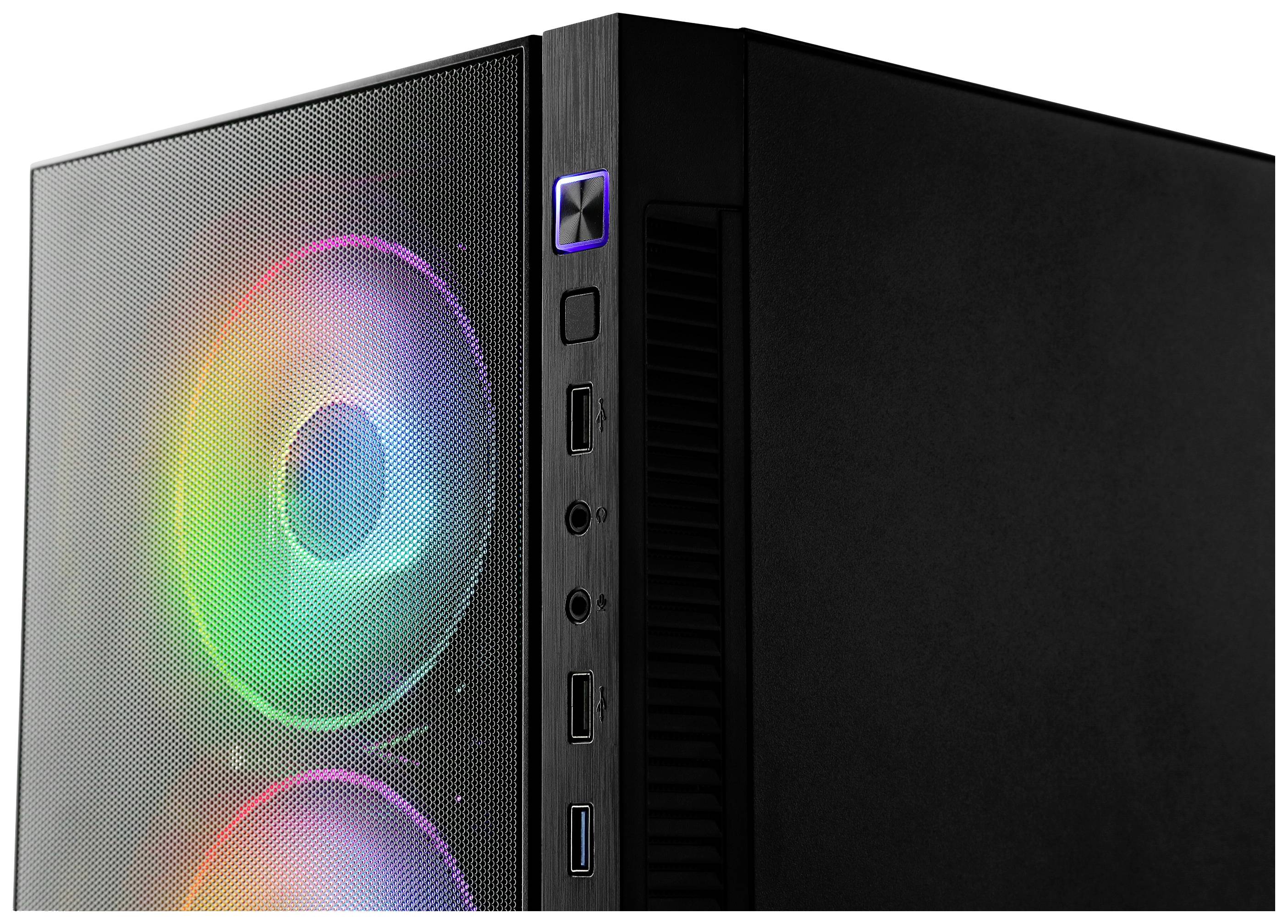 Ein schwarzes Computergehäuse mit gehäuseseitiger Ansicht, zeigt zwei leuchtende, mehrfarbige Lüfter. Links sind Anschlussports zu sehen.