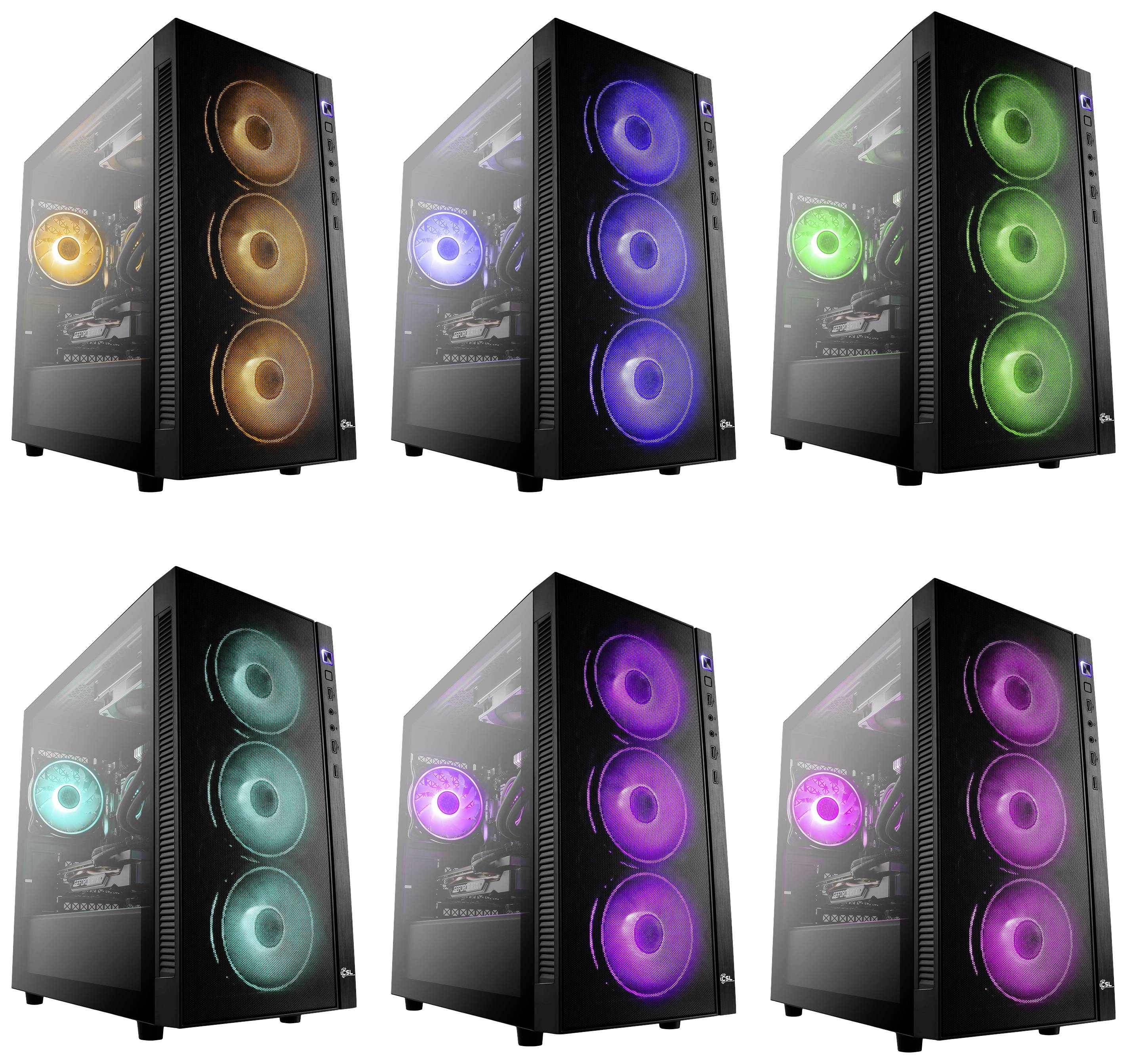 Sechs Gaming-PC-Gehäuse mit gläserner Front zeigen bunte, beleuchtete Lüfter. Farben von links nach rechts: orange, blau, grün, cyan, pink, lila.