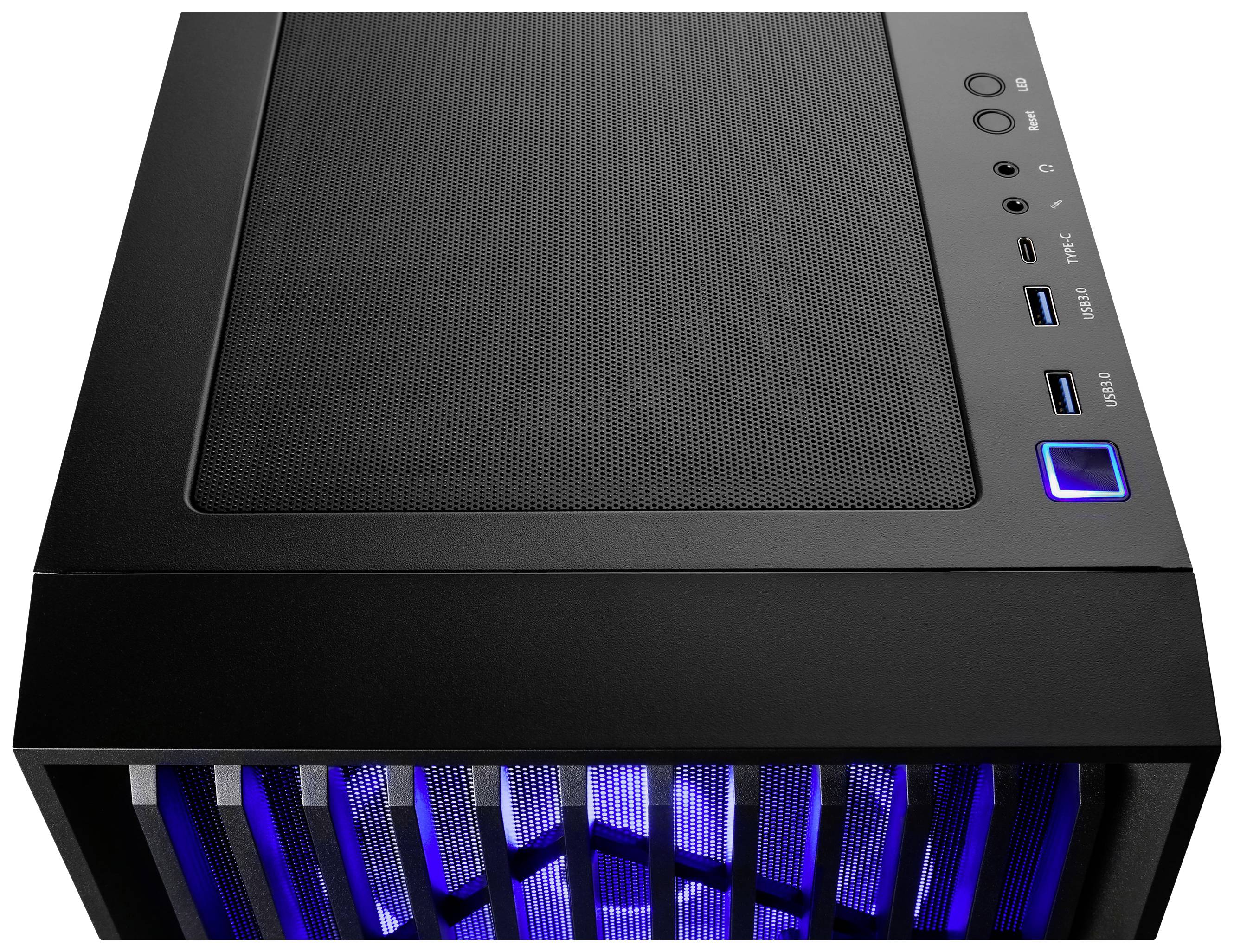 Schwarzes Computergehäuse mit blauer LED-Beleuchtung auf der Vorderseite. Oberseite zeigt Anschlüsse und Belüftungsgitter.
