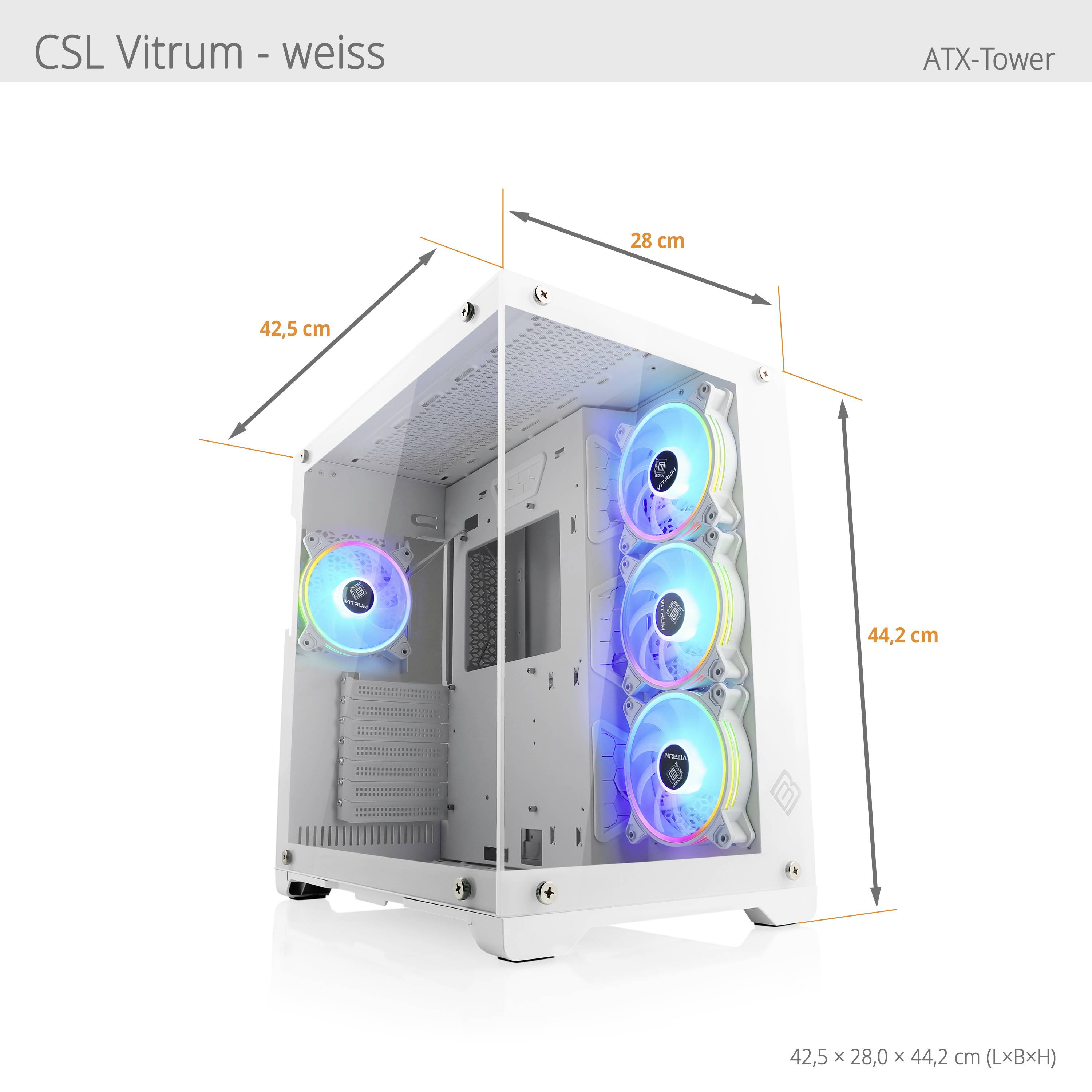 Ein weißes ATX-Tower-Gehäuse 'CSL Vitrum' mit drei leuchtenden Lüftern. Maße: 42,5 x 28,0 x 44,2 cm (LxBxH).