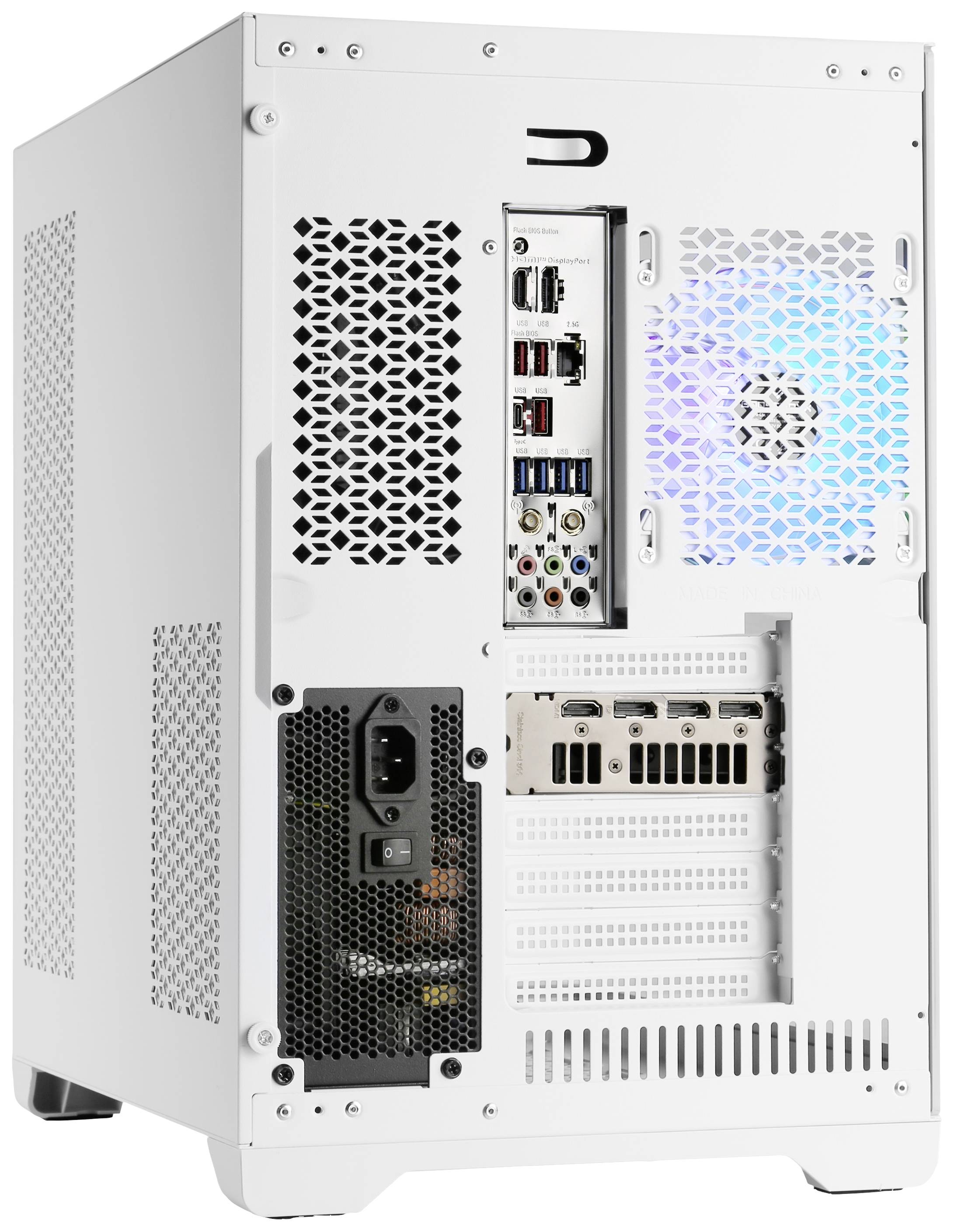 Ein weißes Computergehäuse mit sichtbaren Lüftern und mehreren Anschlüssen auf der Rückseite, einschließlich USB- und Audiobuchsen.