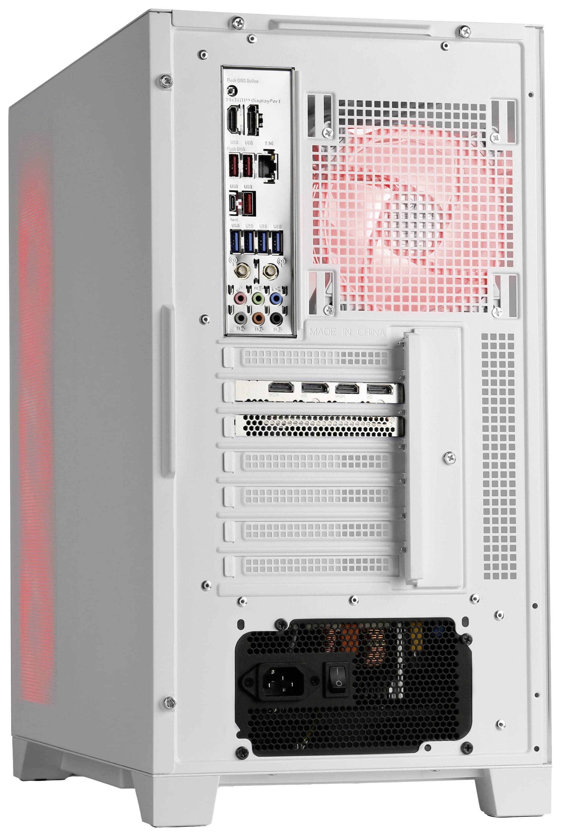 Rückseite eines weißen PC-Gehäuses mit leuchtenden Lüftern. Sichtbar sind Anschlüsse für USB, Audio und Netzwerk sowie Steckplätze für Erweiterungskarten.