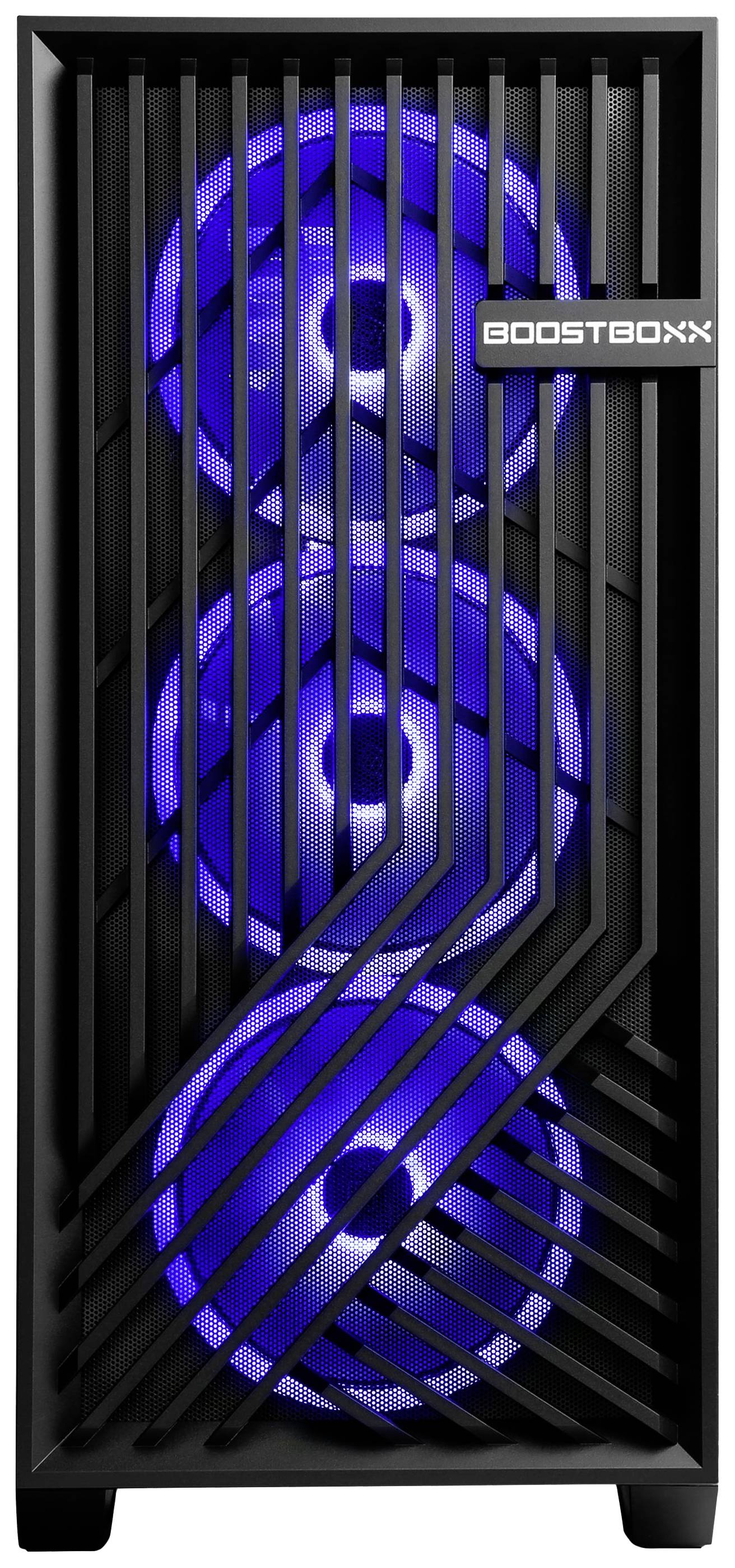 Schwarz-graues Computergehäuse mit drei sichtbar leuchtenden blauen Lüftern an der Vorderseite.