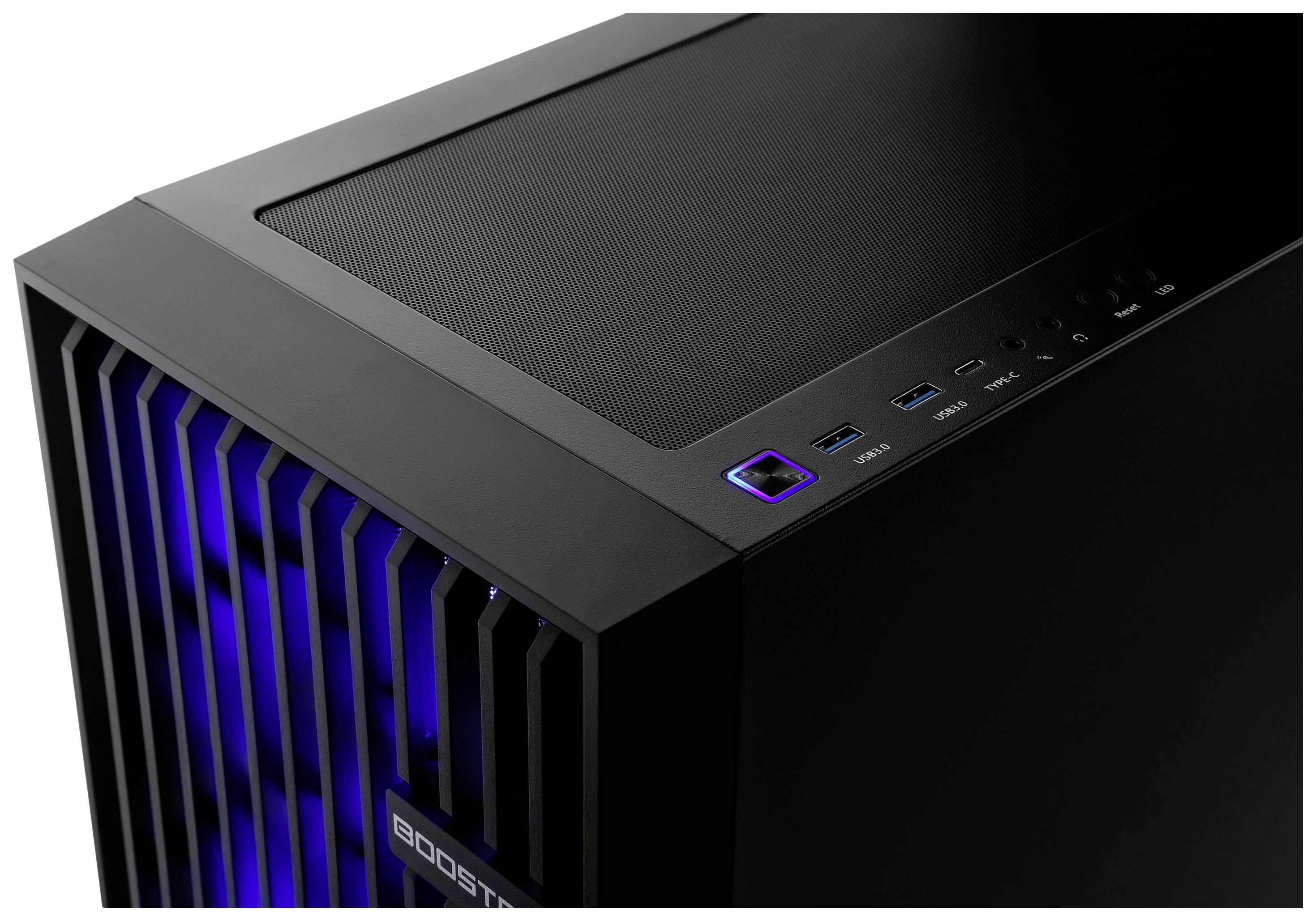 Ein schwarzes Computergehäuse mit blauer Innenbeleuchtung, USB-Anschlüssen und einem beleuchteten Power-Knopf an der Oberseite.