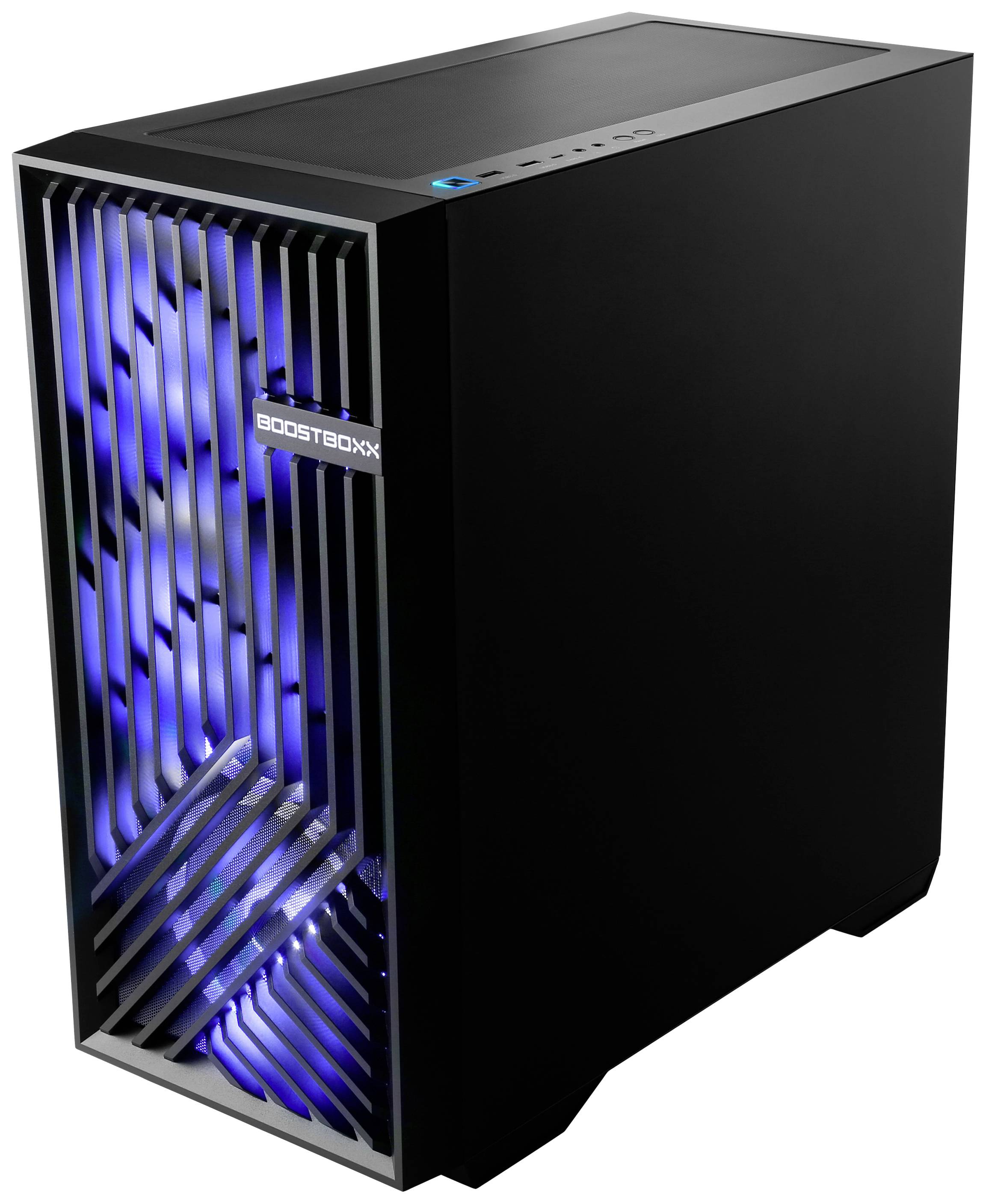 Schwarzes Computergehäuse mit blau beleuchteten Lüftern, seitlich abgebildet. Vorne vertikale Lüftungsgitter.
