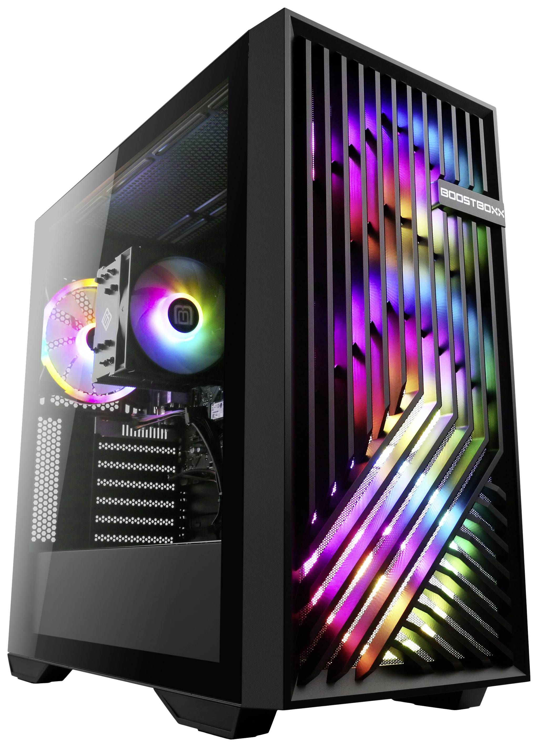 Gaming-PC mit transparentem Seitenpanel, RGB-beleuchtetem Lüfter und farbenfroher Front. Elegantes Design für leistungsstarke Spiele.