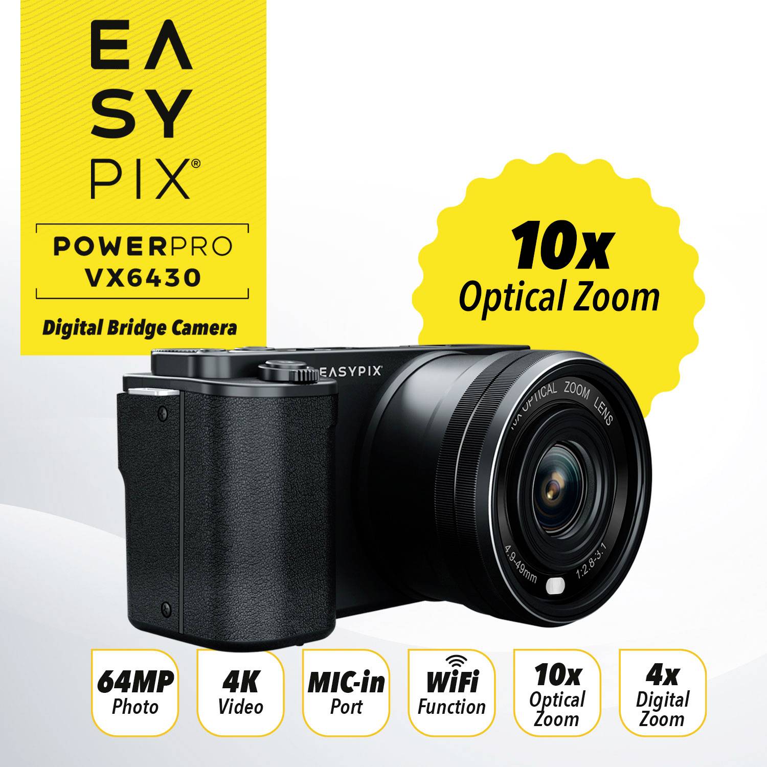 Digitalkamera Easypix PowerPro VX6430 mit 10-fachem optischen Zoom, 64 MP Fotos, 4K Video, WiFi, MIC-Eingang und 4-fachem Digitalzoom.
