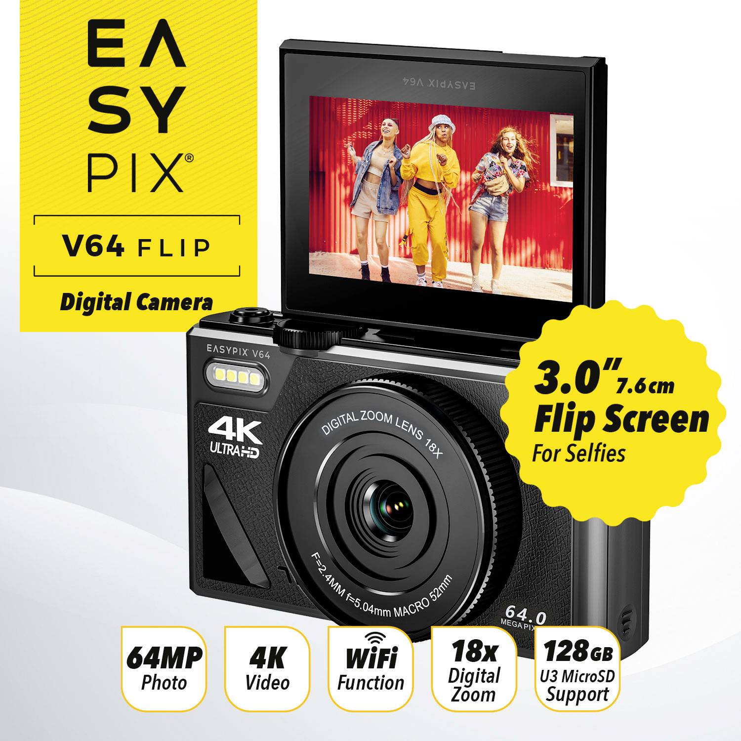 Easypix V64 Flip Digitalkamera 13 Megapixel Schwarz Integrierter Akku, WiFi, 4K-Video, Full HD Video