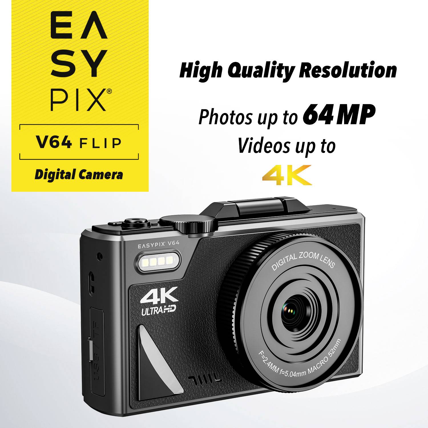 Easypix V64 Flip Digitalkamera 13 Megapixel Schwarz Integrierter Akku, WiFi, 4K-Video, Full HD Video