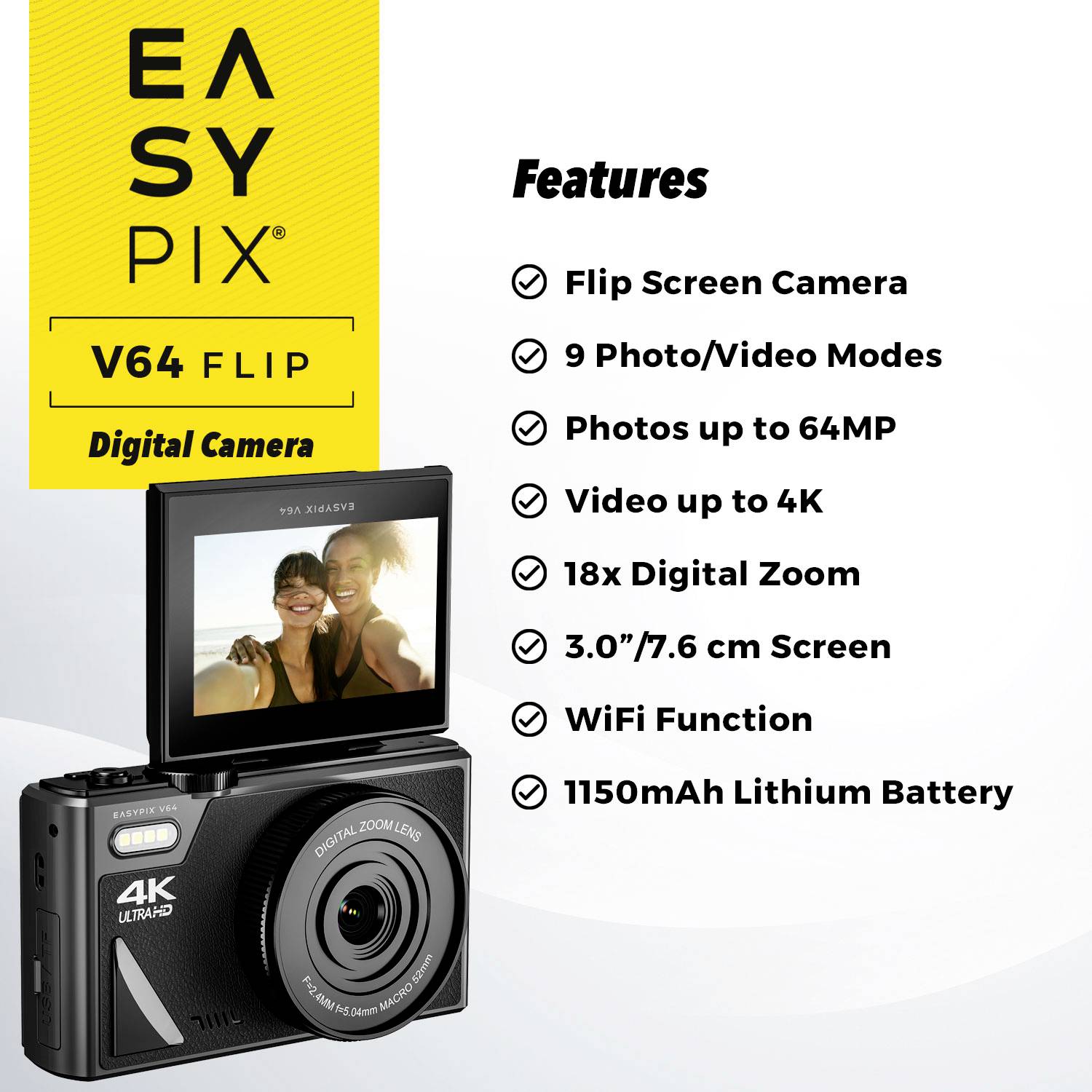 Easypix V64 Flip Digitalkamera 13 Megapixel Schwarz Integrierter Akku, WiFi, 4K-Video, Full HD Video