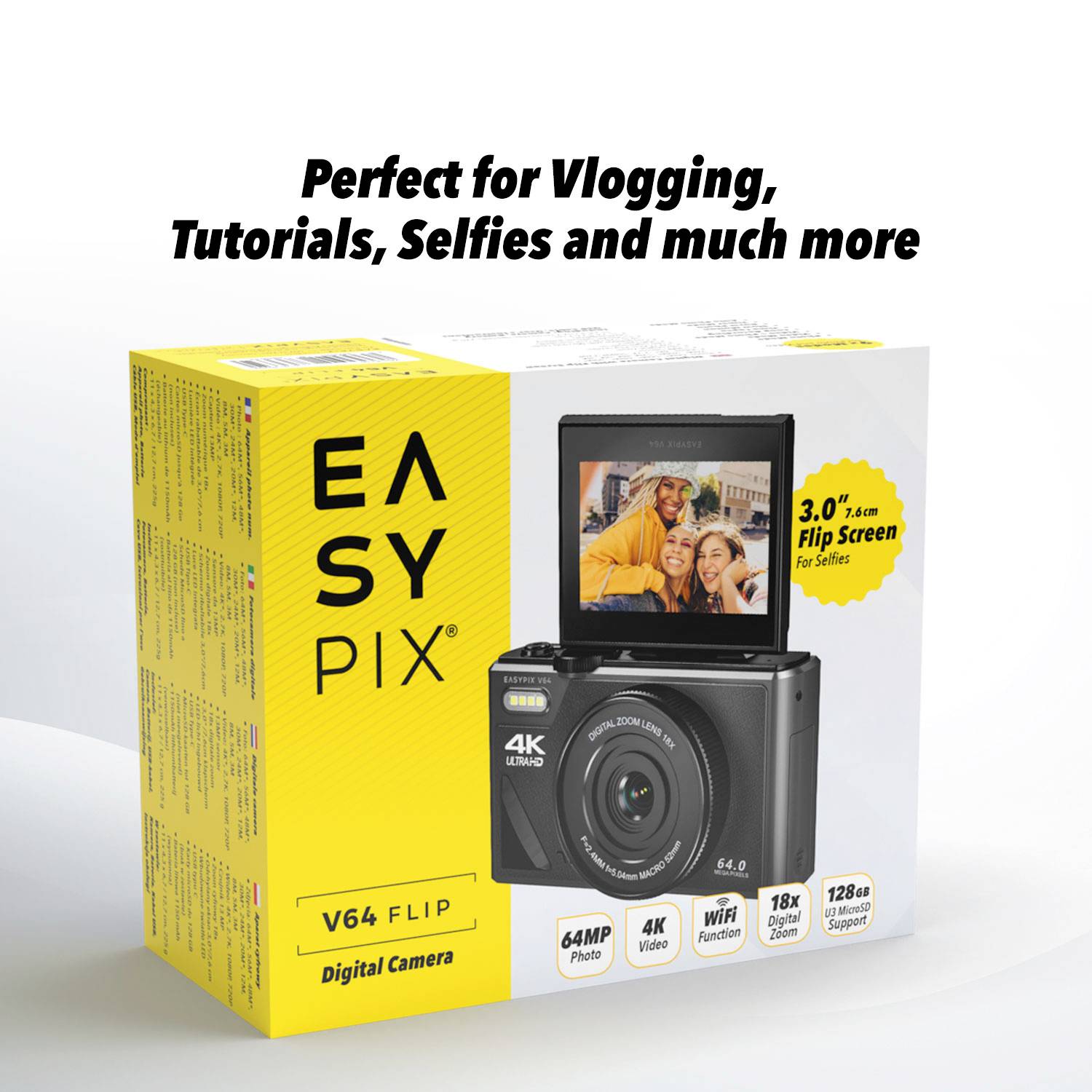 Easypix V64 Flip Digitalkamera 13 Megapixel Schwarz Integrierter Akku, WiFi, 4K-Video, Full HD Video