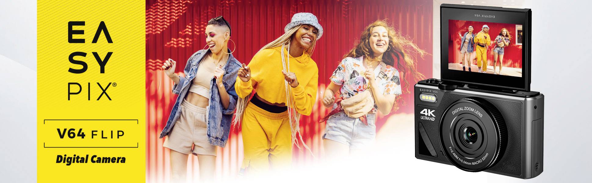 Easypix V64 Flip Digitalkamera 13 Megapixel Schwarz Integrierter Akku, WiFi, 4K-Video, Full HD Video