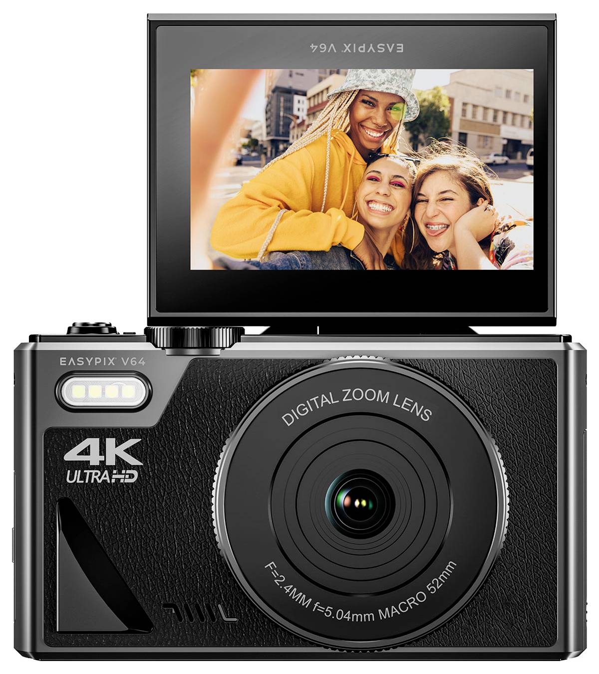 Easypix V64 Flip Digitalkamera 13 Megapixel Schwarz Integrierter Akku, WiFi, 4K-Video, Full HD Video