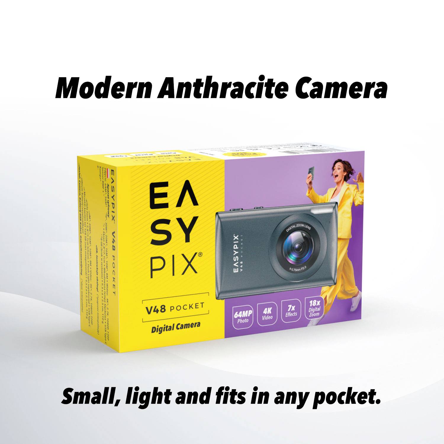 Easypix V48 Pocket Anthrazite Digitalkamera 8 Megapixel Anthrazit Integrierter Akku, 4K-Video, Full HD Video, mit eingebautem
