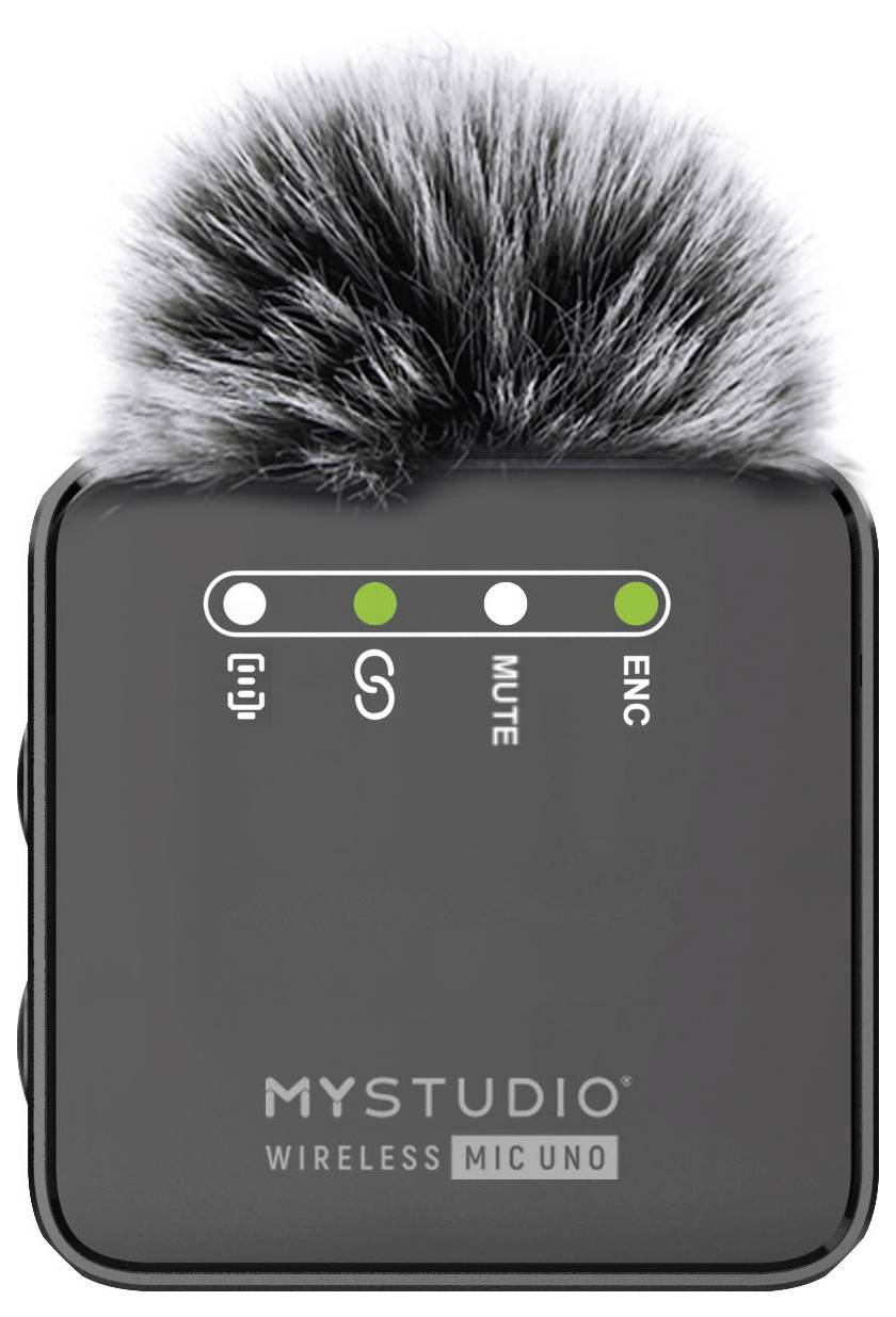 Schwarzes wireless Mikrofon mit grauem Windschutz und vier grünen Statusanzeigen: Mikrofon, Signal, Stummschaltung und Geräuschunterdrückung.