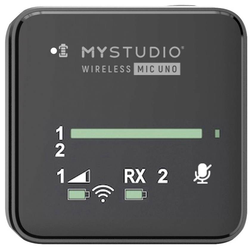 Kleines, quadratisches, schwarzes Gerät mit Beschriftung 'MY STUDIO WIRELESS MIC UNO'. Zeigt Signalstärke, Akkustatus und Senderanzeige.