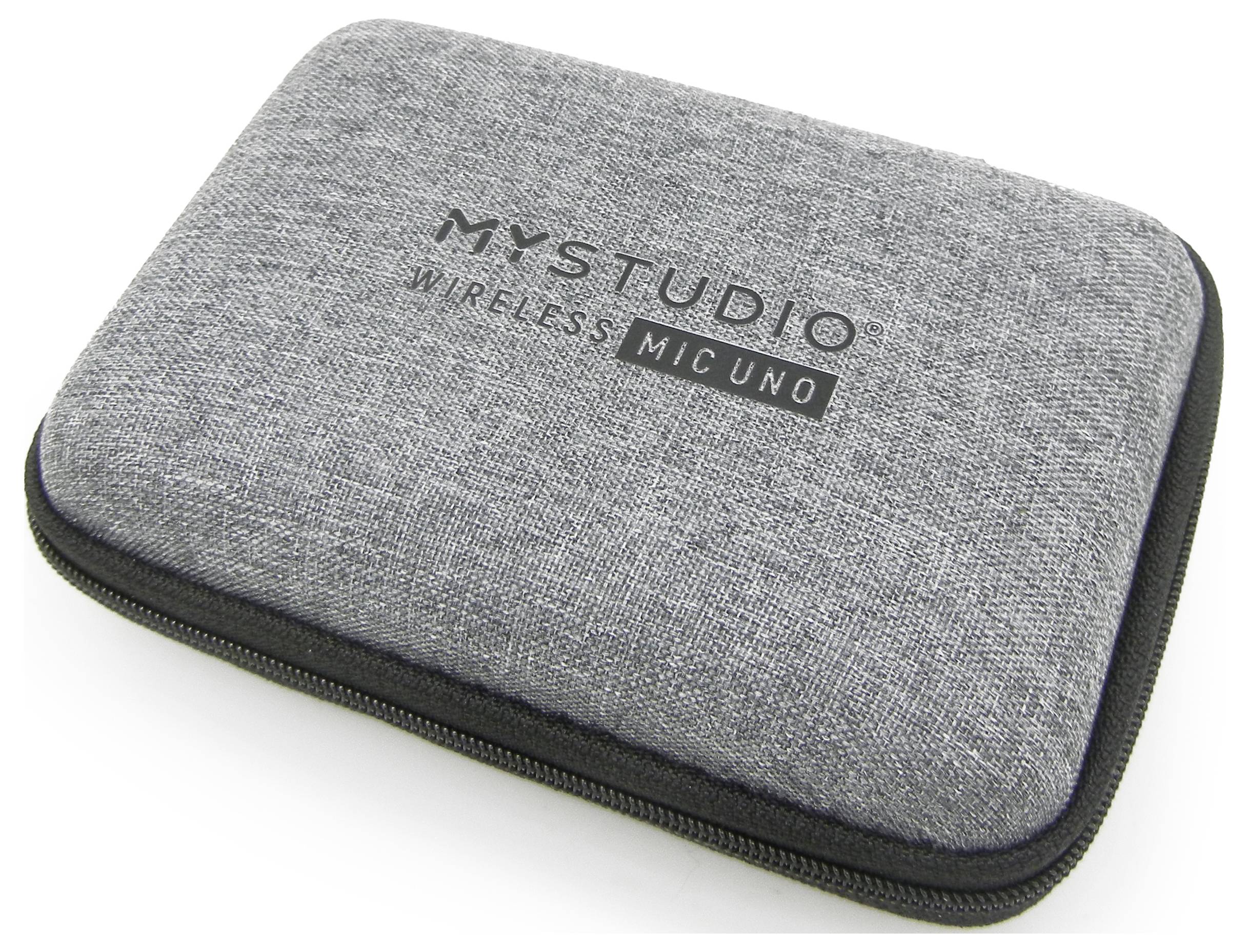 Graues Etui mit Reißverschluss, Aufschrift 'MyStudio Wireless Mic Uno'. Enthält wahrscheinlich ein drahtloses Mikrofon.