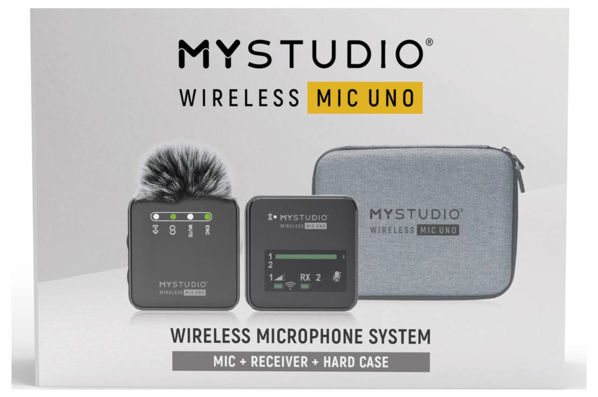 Kabelloses Mikrofonsystem 'MYStudio Wireless Mic Uno' bestehend aus Mikrofon, Empfänger und Hartschalenetui.
