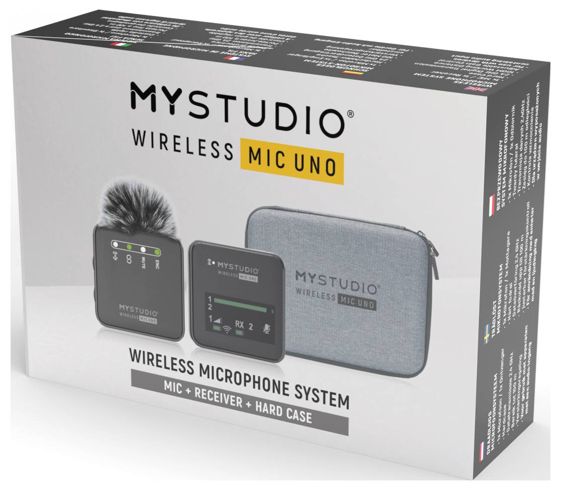 Die Verpackung des MYSTUDIO Wireless MIC UNO zeigt ein drahtloses Mikrofonsystem mit Mikrofon, Empfänger und Etui abgebildet.