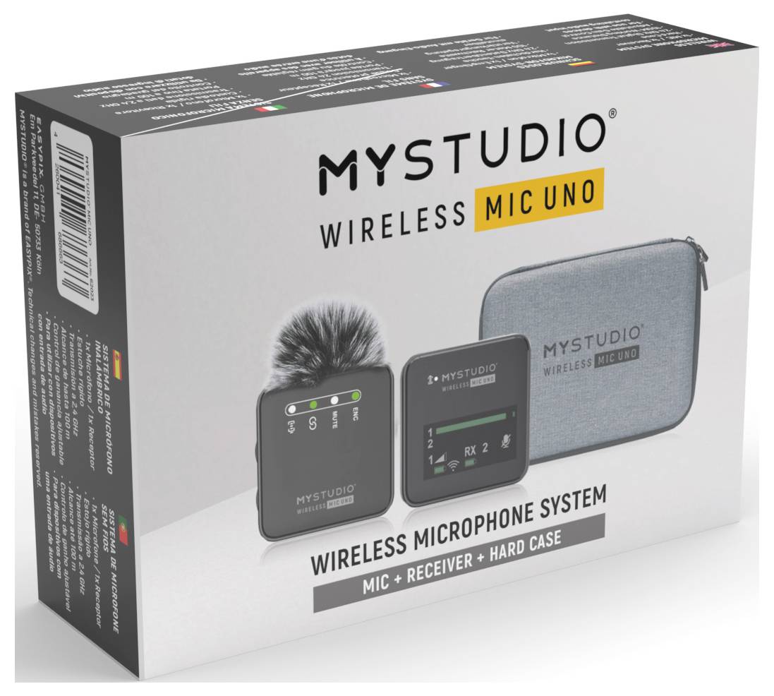 Kabelloses Mikrofonsystem 'MYSTUDIO MIC UNO', enthält Mikrofon, Empfänger und Hartschalenetui auf der Verpackung abgebildet.