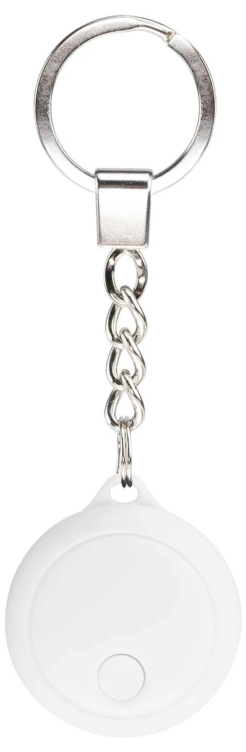 Ein weißer runder Schlüsselanhänger mit einer Kette und einem Knopf in der Mitte, vermutlich ein elektronisches Gerät.