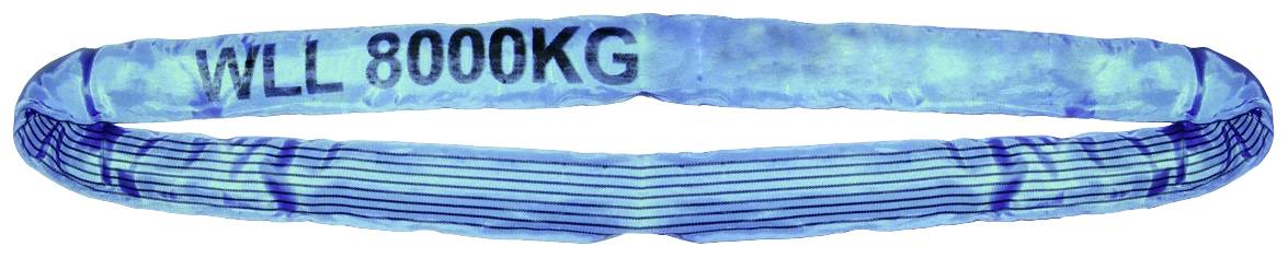 Blauer Rundschlingen-Gurt mit der Aufschrift 'WLL 8000KG', zeigt die maximale Belastbarkeit von 8000 Kilogramm an.