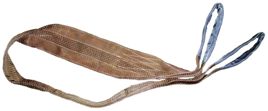 Ein brauner Hebegurt mit zwei blauen Schlaufenenden. Der Gurt wird zum sicheren Anheben und Bewegen schwerer Lasten verwendet.