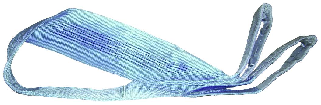 Hellblaue Hebeschlinge aus starkem Gewebematerial mit Schlaufen an beiden Enden, verwendet zum Heben und Transportieren schwerer Lasten.