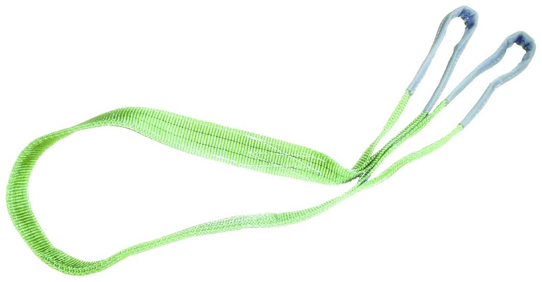 Grüner Hebegurt mit zwei blauen Schlaufen an den Enden, verwendet zum Sichern oder Heben von Lasten.