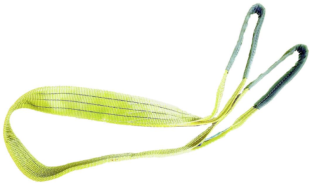 Ein grüner Hebegurt mit zwei Schlaufen, aus robustem Material, zeigt Zeichen von Abnutzung. Geeignet für schwere Lasten.