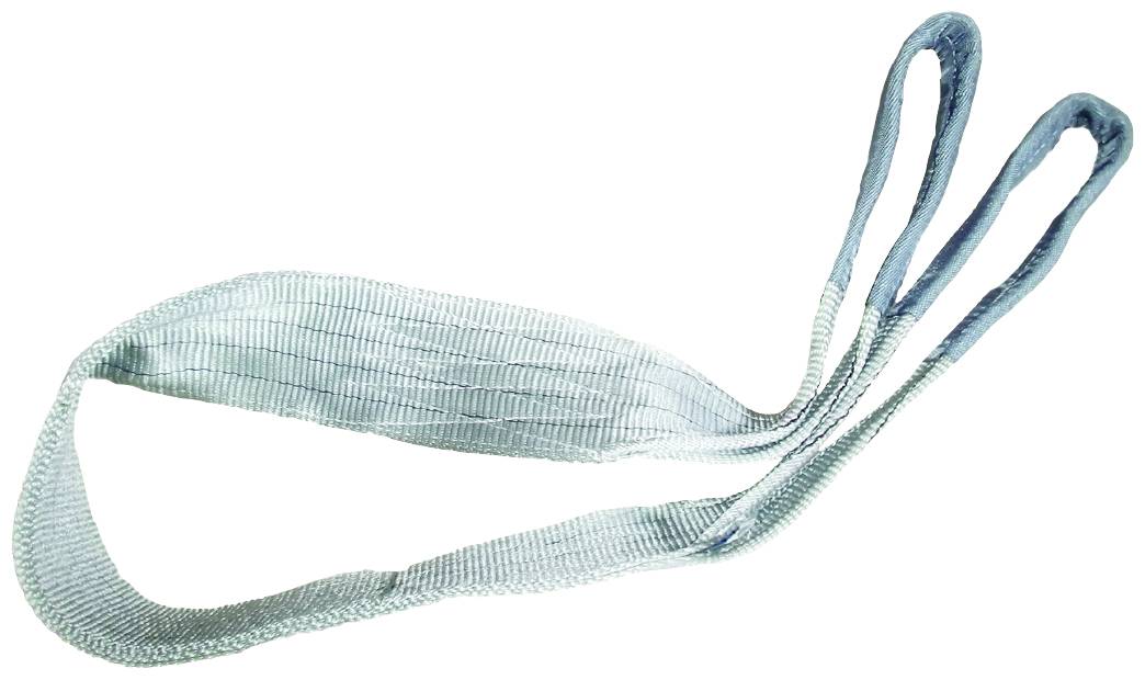Breiter, flacher Polyester-Hebegurt mit zwei Schlaufen an den Enden, verwendet zum Heben und Bewegen schwerer Lasten.