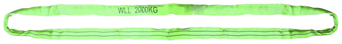 Grüner Rundschlingen-Hebegurt mit der Aufschrift 'WLL 2000 KG', geeignet für den sicheren Transport von Lasten bis 2000 kg.