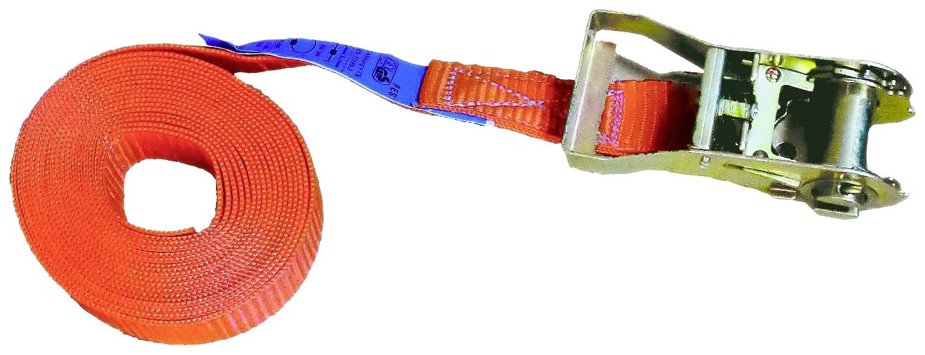 Ein orangefarbener Spanngurt mit Ratschenmechanismus, bereit zum Sichern von Lasten. Links eine aufgerollte Gurtreserve.