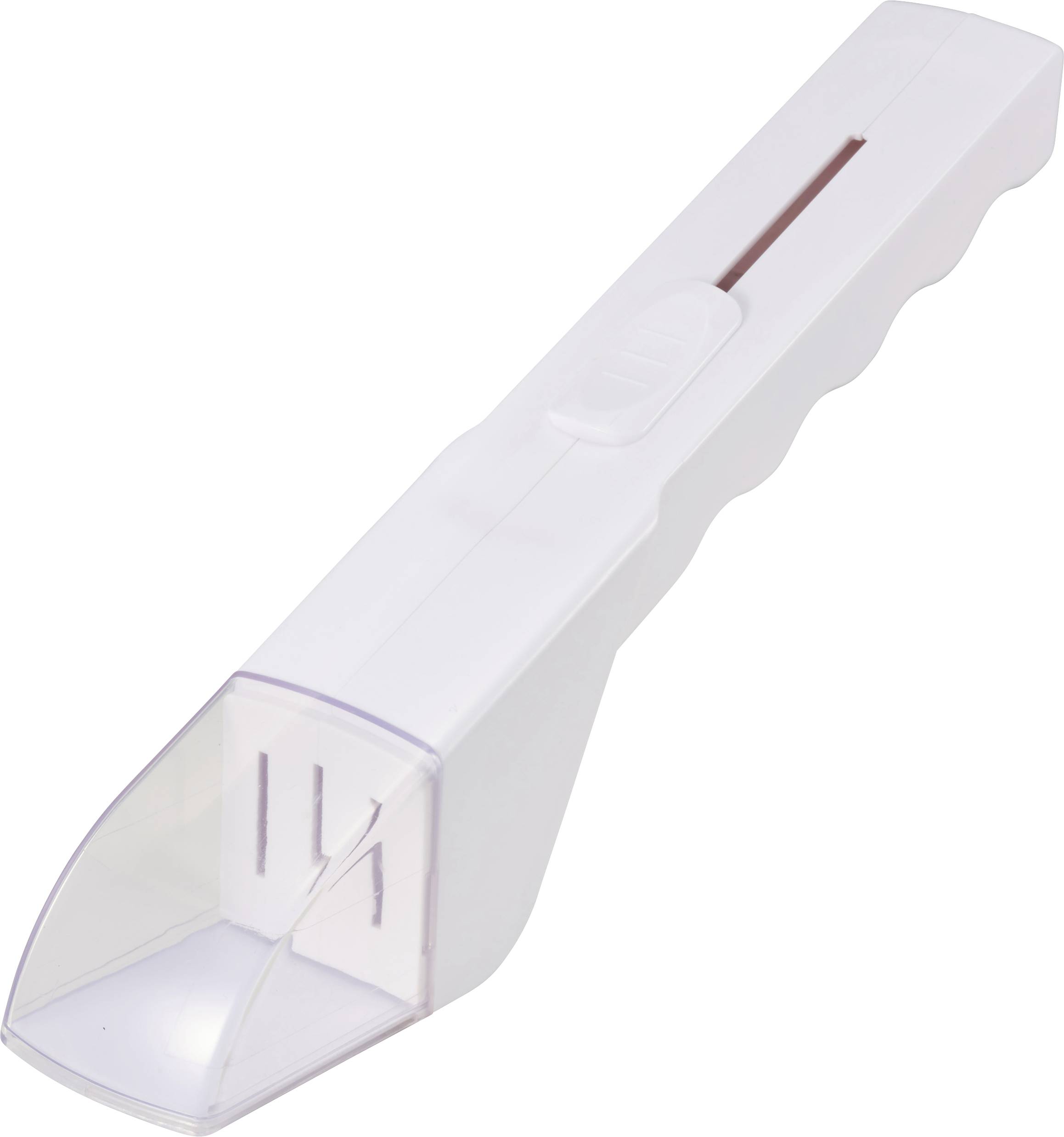 Ein weißer Eiskratzer aus Kunststoff mit Griff und transparenter Klinge.