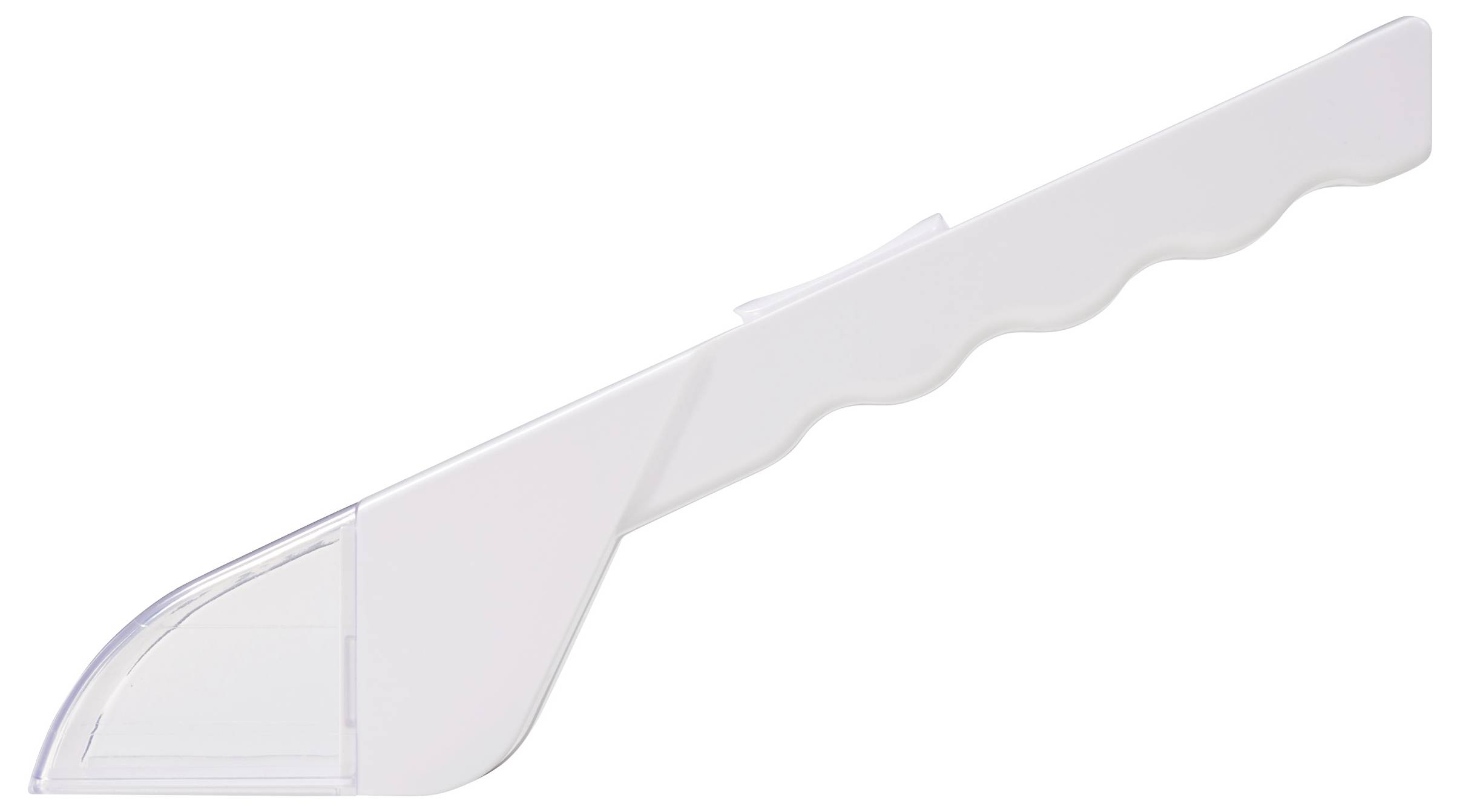 Ein weißer Eiskratzer aus Kunststoff mit geriffeltem Griff für besseren Halt. Ideal zum Entfernen von Eis auf Autofenstern.