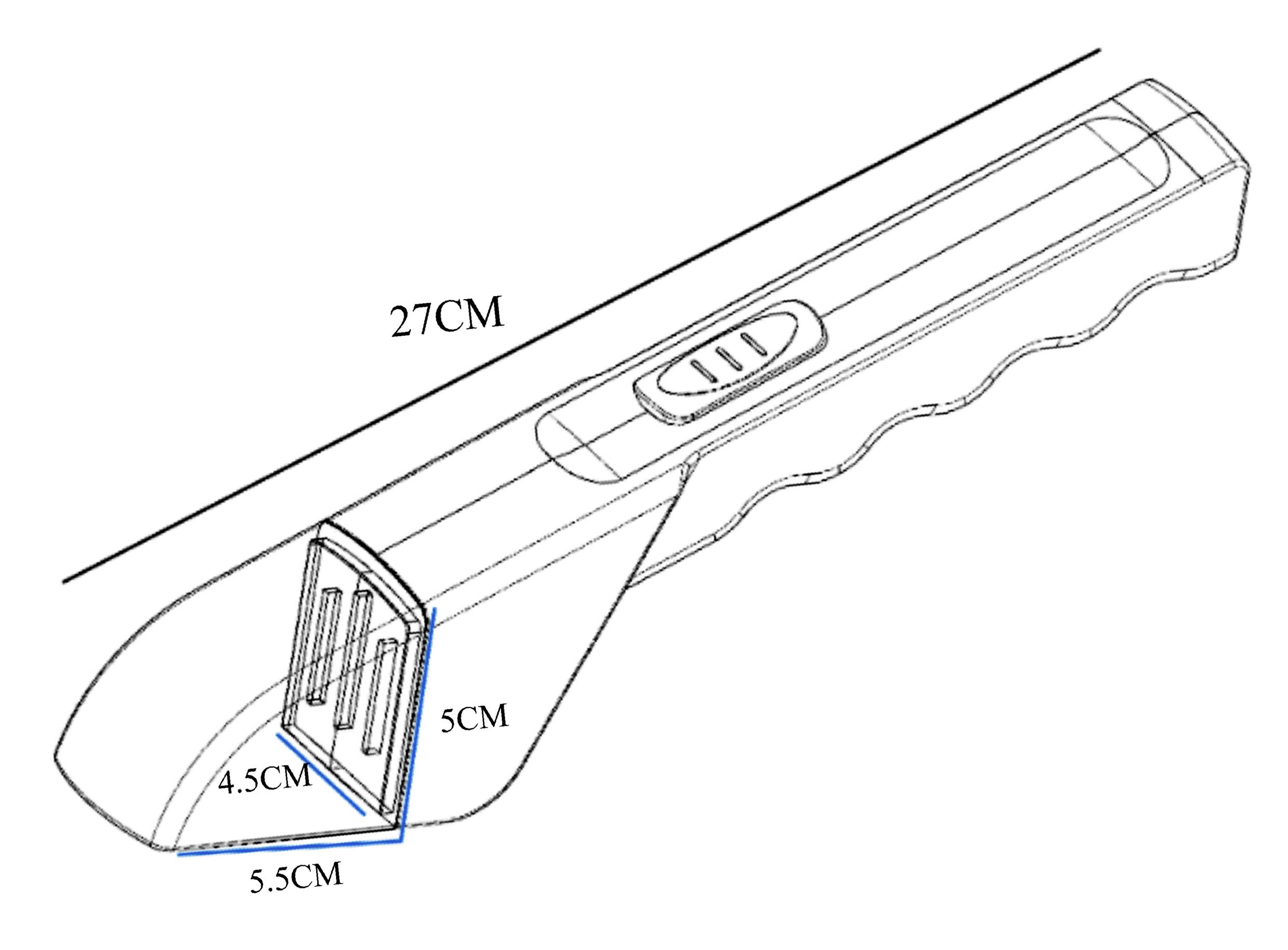 Technische Zeichnung eines rechteckigen Werkzeugs, 27 cm lang, mit Griff und Klingenschutz; Klingenmaße 4,5 cm x 5 cm x 5,5 cm.