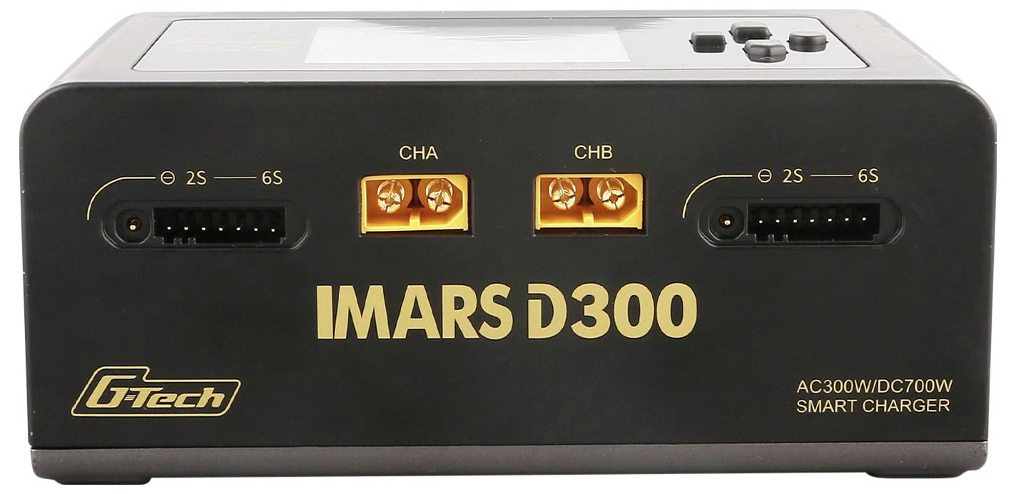 Ein schwarzes Ladegerät für Akkus mit der Aufschrift 'IMARS D300'. Es hat Anschlüsse für 2S und 6S Batterien und zwei Ladeausgänge (CHA, CHB).