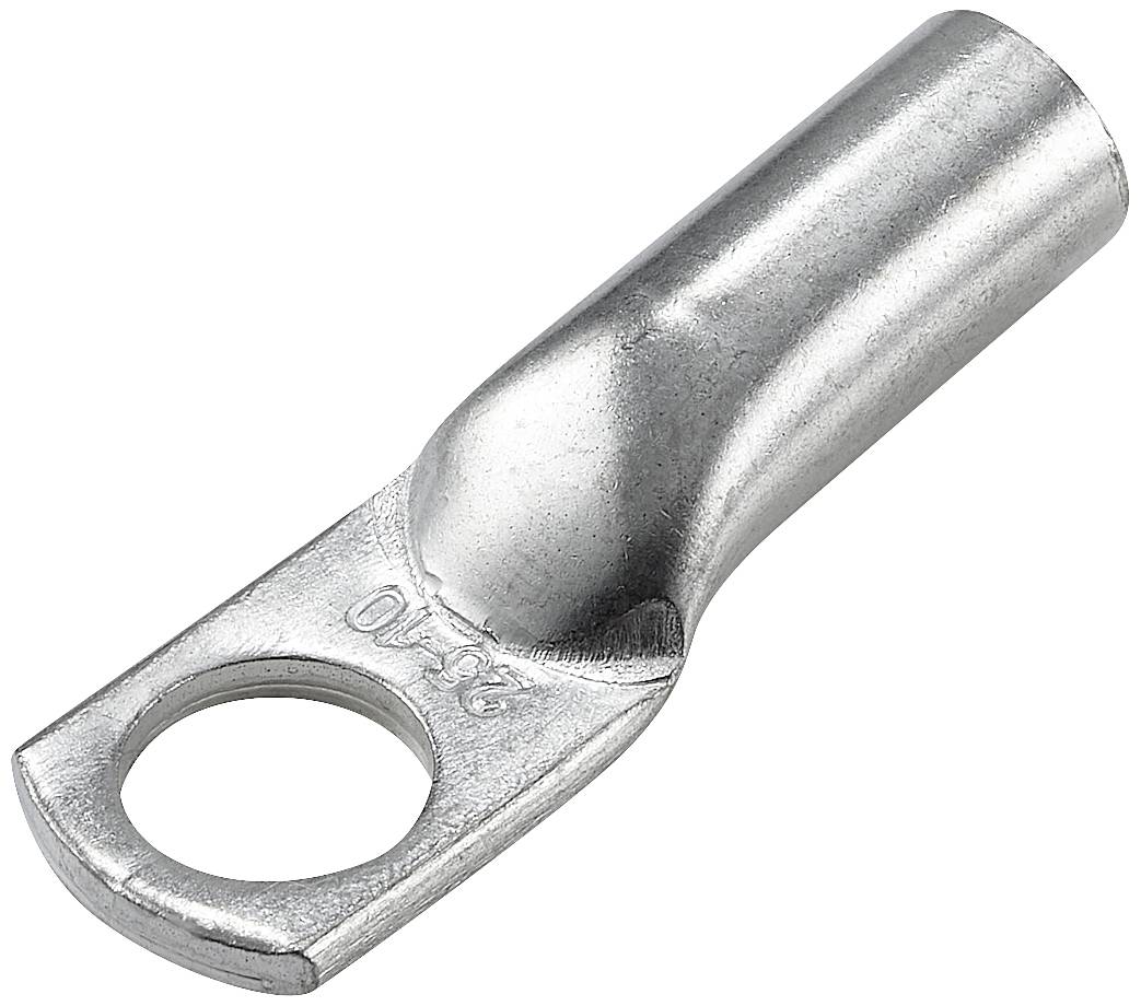 Ein silberner Kabelschuh aus Metall mit einem runden Loch am Ende, das zur Verbindung von elektrischen Kabeln verwendet wird.