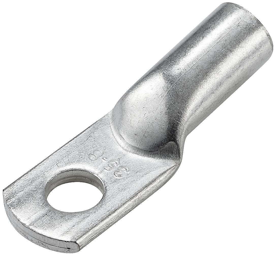 Metallische Kabelklemme mit Loch zur Befestigung, zylindrische Form, dient der Verbindung von elektrischen Leitungen.