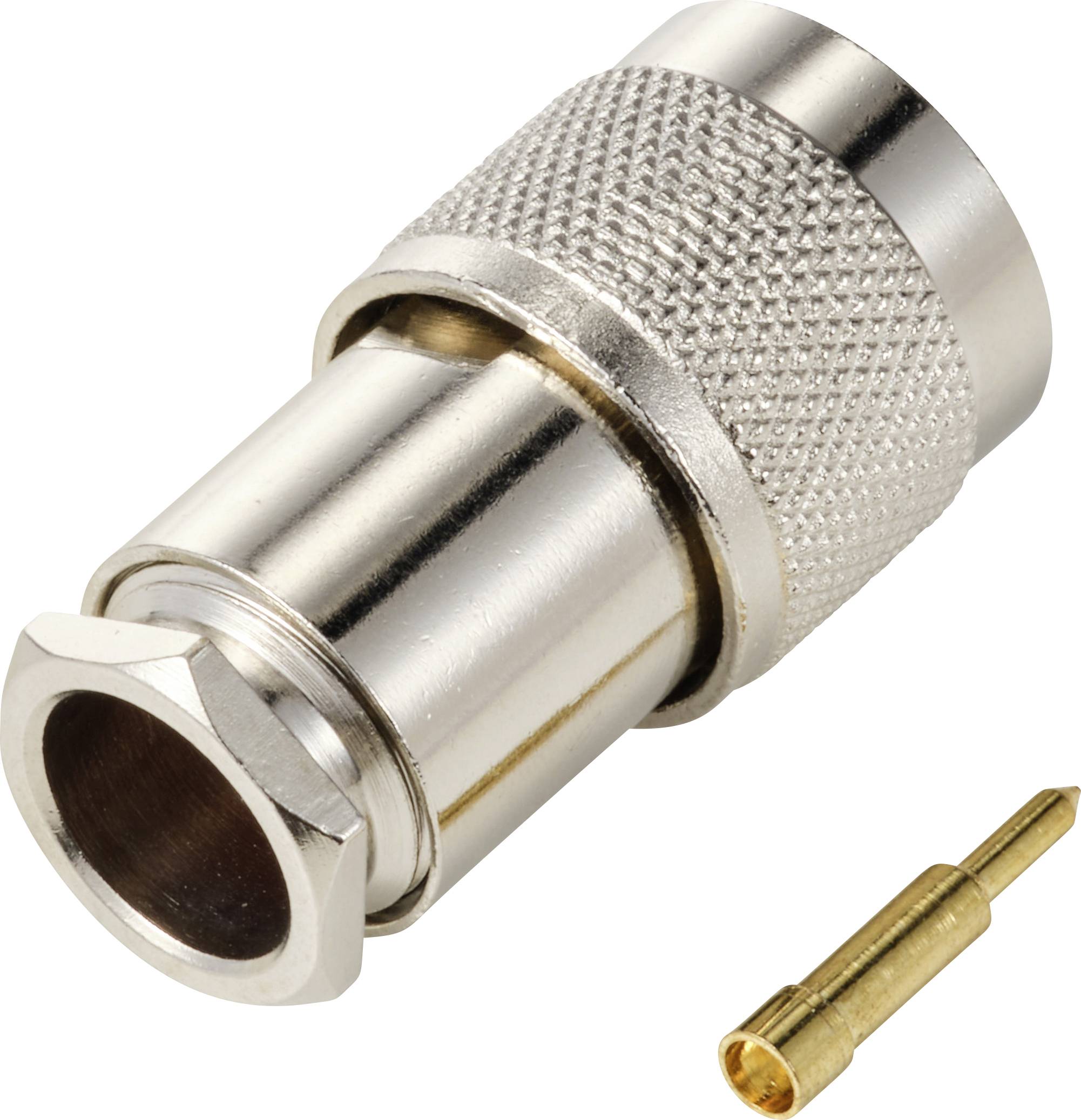 Ein silberner Koaxialstecker mit Buchse, angezeigt neben einem kleinen goldenen Stift. Geeignet für elektronische Verbindungen.