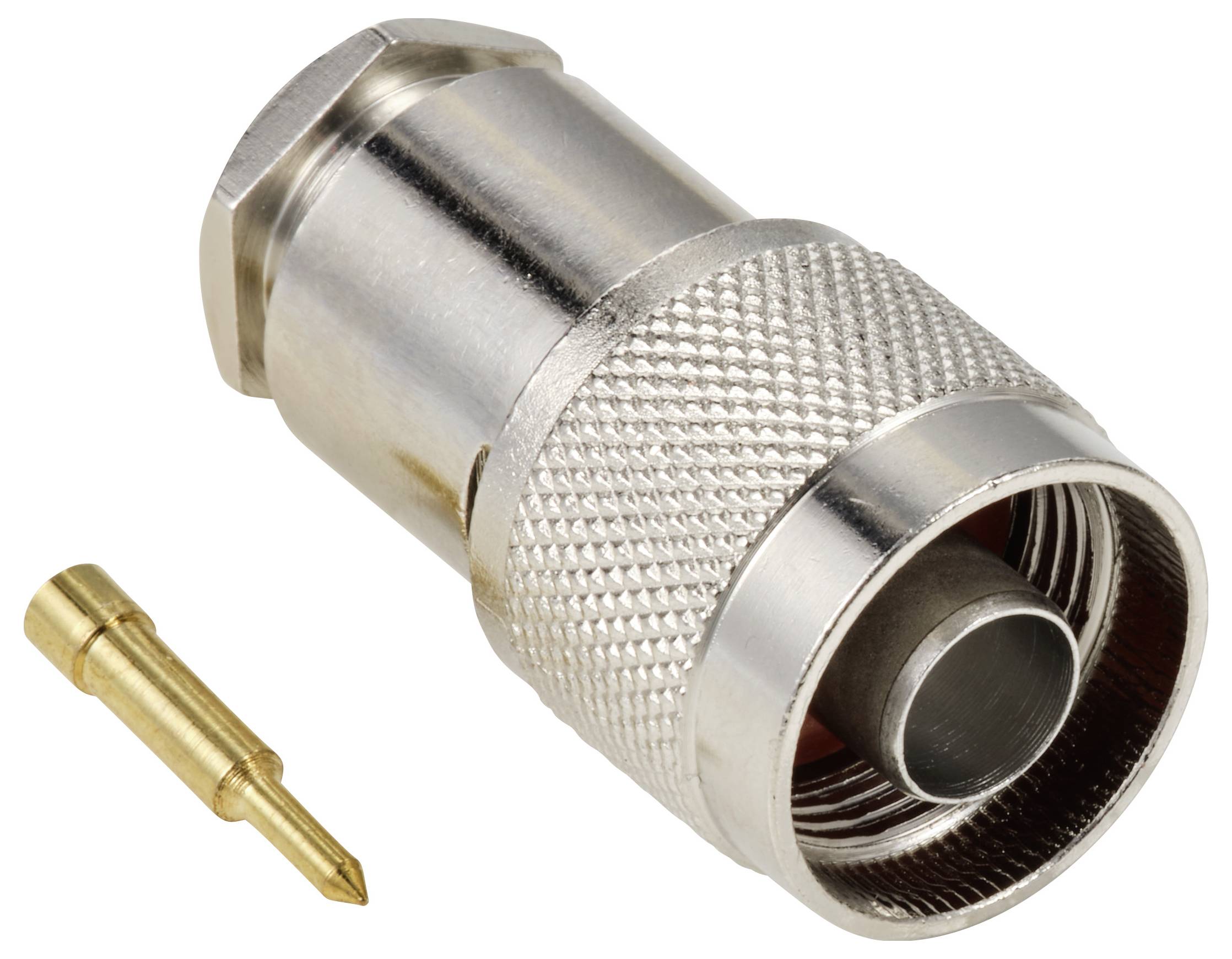 BNC-Stecker und goldener Stift, geeignet für Koaxialkabel-Verbindung. Der Stecker hat eine geriffelte Oberfläche für besseren Halt.