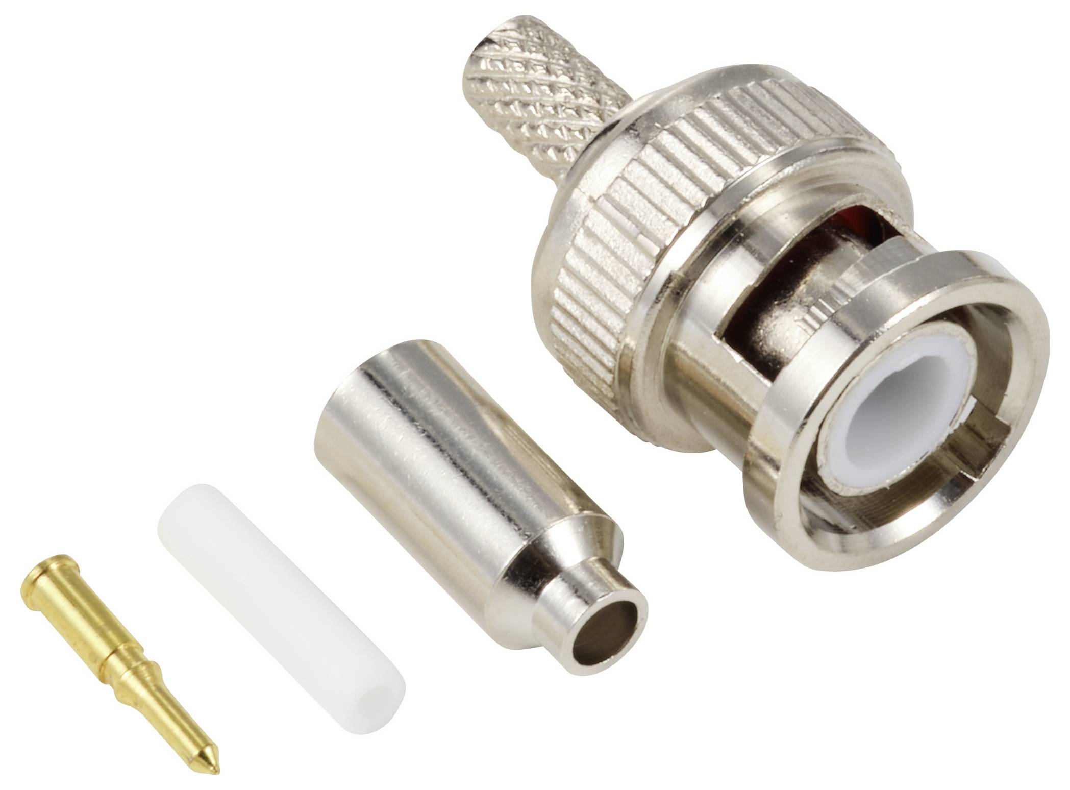 BNC-Steckerset in Einzelteilen, bestehend aus Metallgehäuse, Kontaktstift und Isolator, geeignet zum Konfektionieren von Kabelverbindungen.