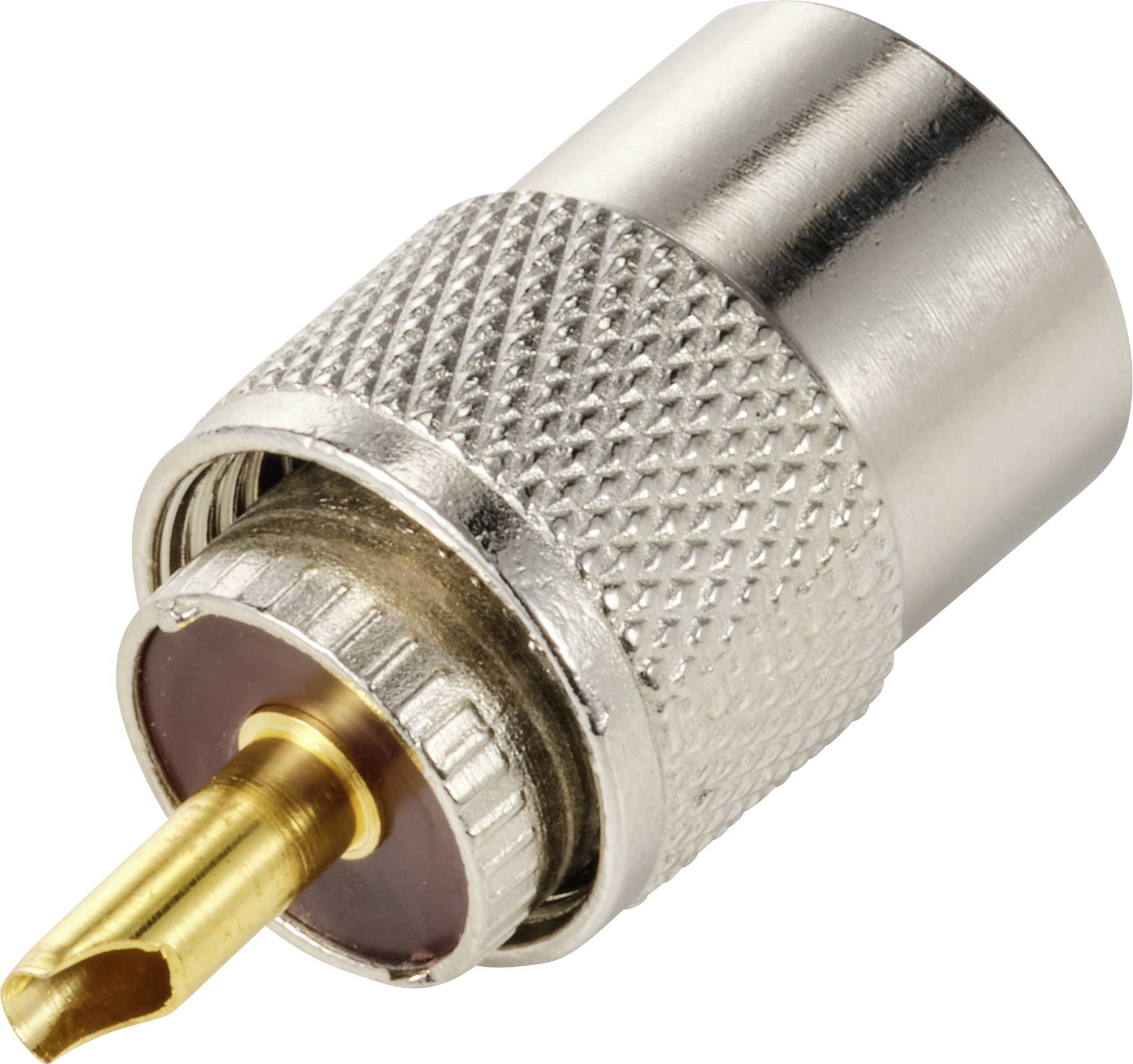 Ein koaxialer Adapter mit einer silbernen, geriffelten Oberfläche und einem goldenen Anschluss. Geeignet für RF-Verbindungen.