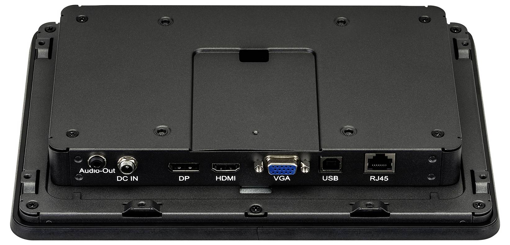 Rückansicht eines Geräts mit Anschlüssen: Audio-Out, DC IN, DP, HDMI, VGA, USB, RJ45.