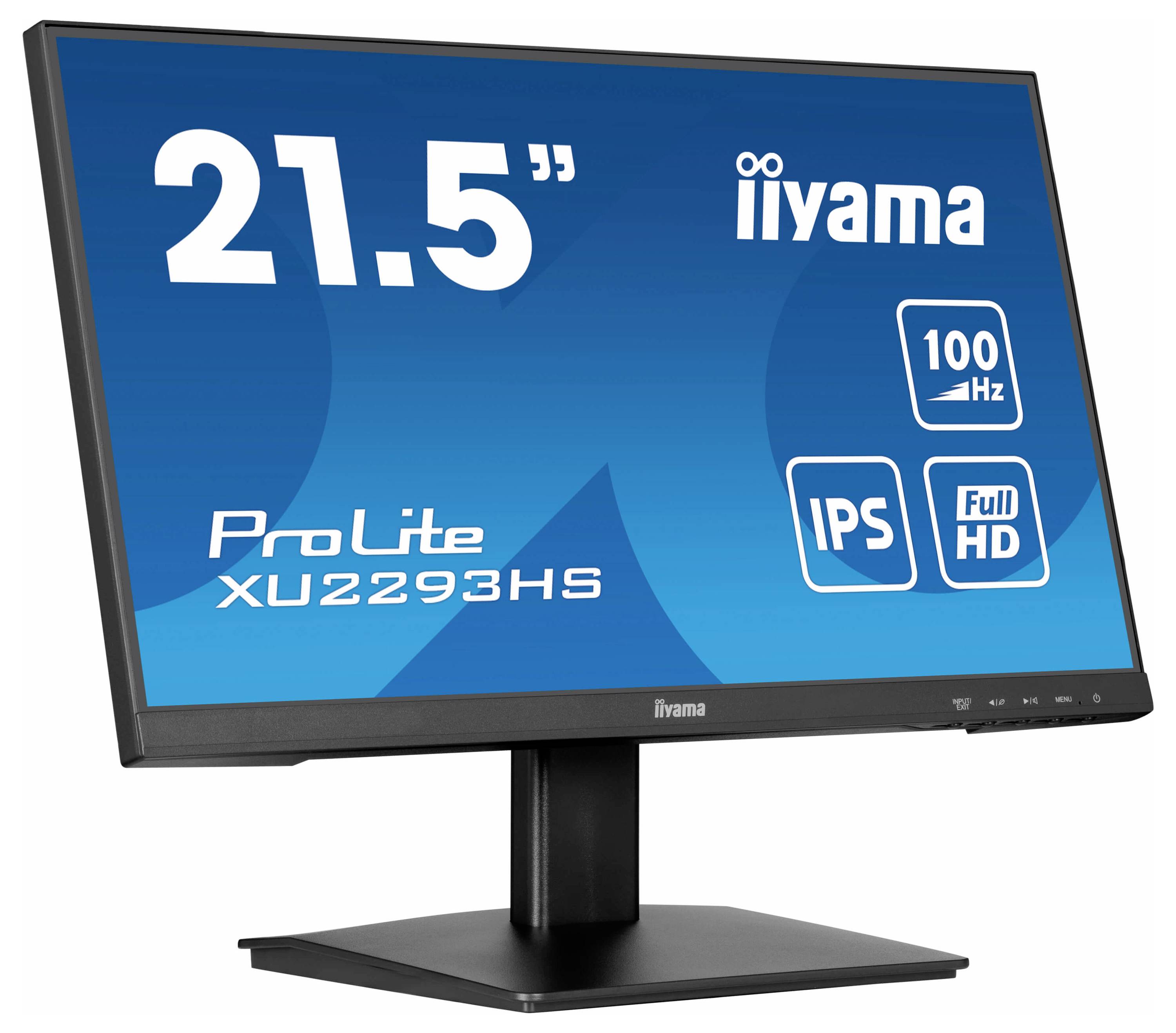 Ein 21,5-Zoll-Monitor von iiyama, Modell ProLite XU2293HS. Merkmale: 100 Hz, IPS-Panel, Full HD. Der Bildschirm zeigt technische Details.