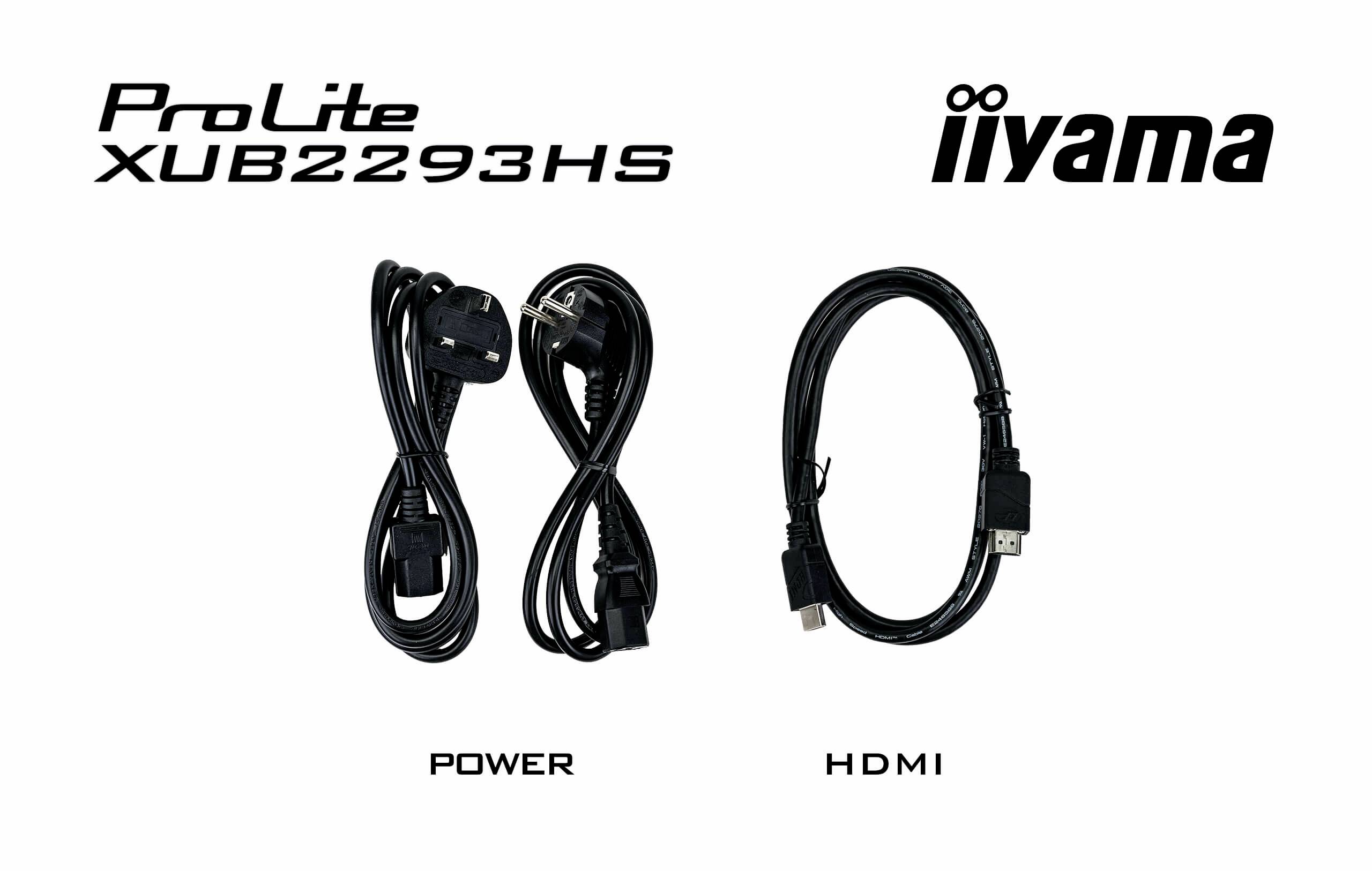 'ProLite XUB2293HS' und 'iiyama' Logos oben. Zwei Kabel unten: linkes Kabel mit 'POWER' beschriftet und rechtes Kabel mit 'HDMI'.