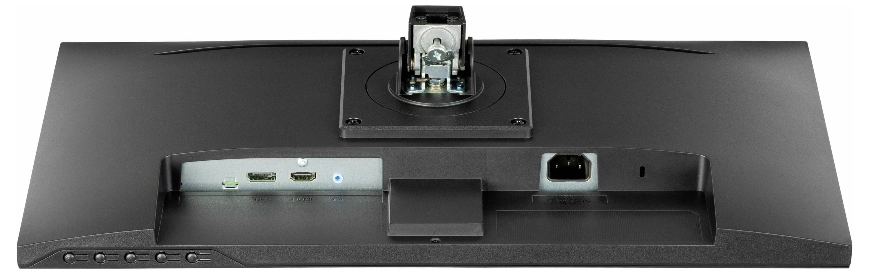 Rückseite eines Computermonitors mit Anschlüssen: zwei HDMI-Ports, ein Audioanschluss, ein Netzanschluss und Bedientasten auf der linken Seite.