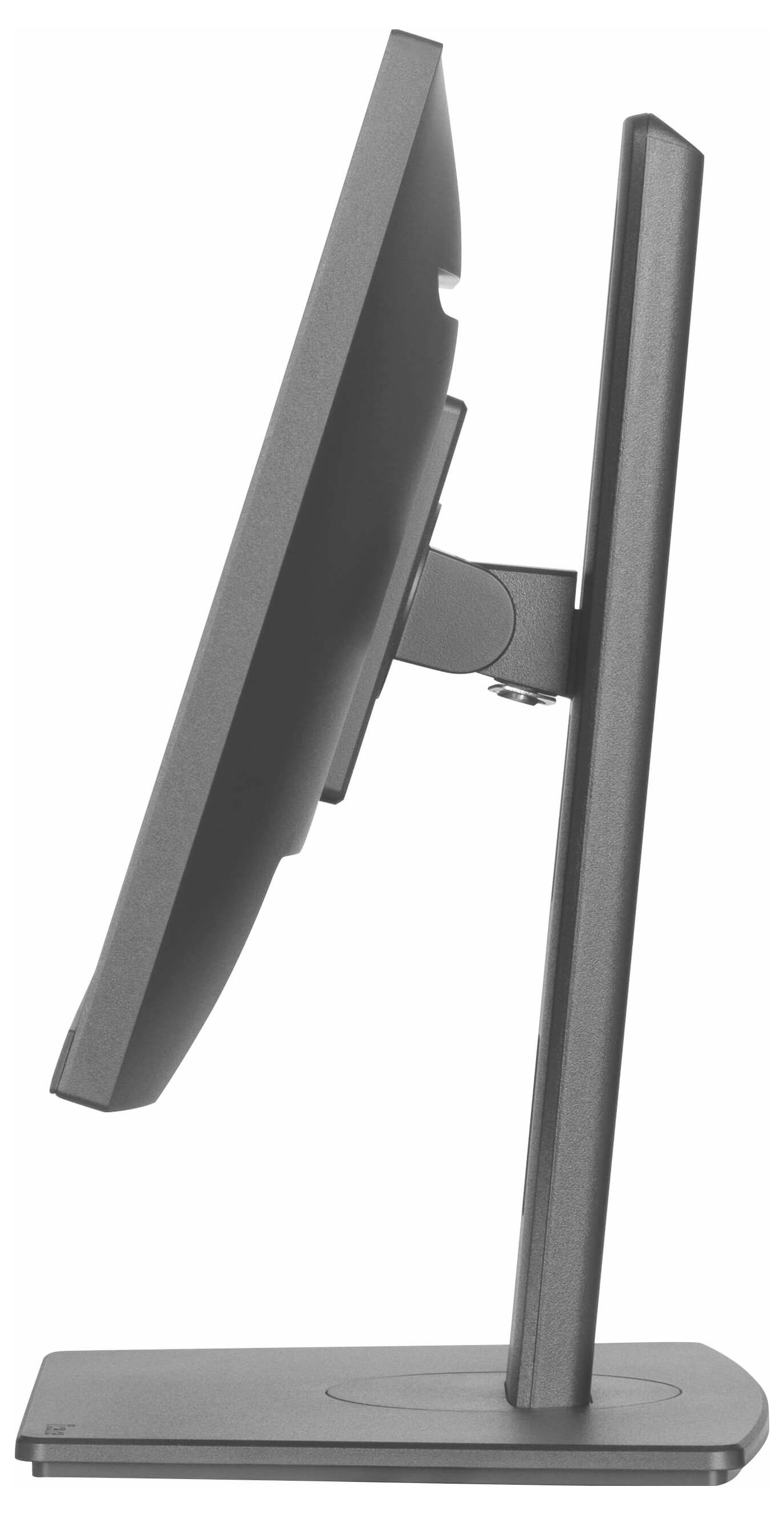 Ein flacher Computermonitor im Seitenprofil, montiert auf einem verstellbaren Ständer, gezeigt in einem schlichten, modernem Design.